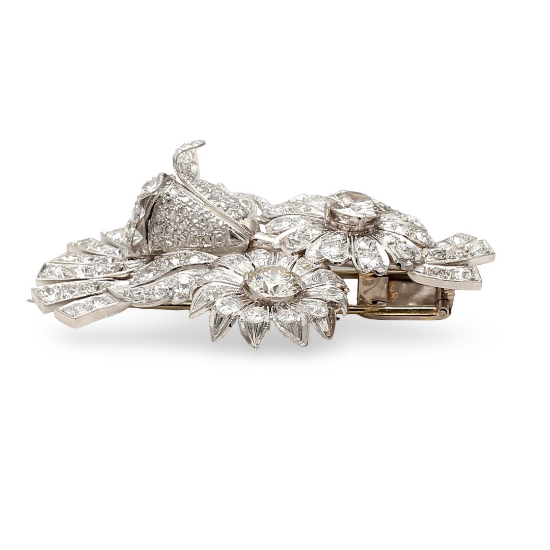 18K White Gold Pin Brooch with 7.25ct Old European Cut & Round Diamonds M I1 GIA