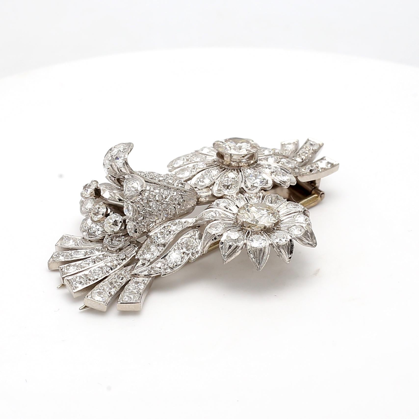 18K WG Platinum Flower Pin Brooch with 7.25 Ct Round & Old European Diamonds GIA