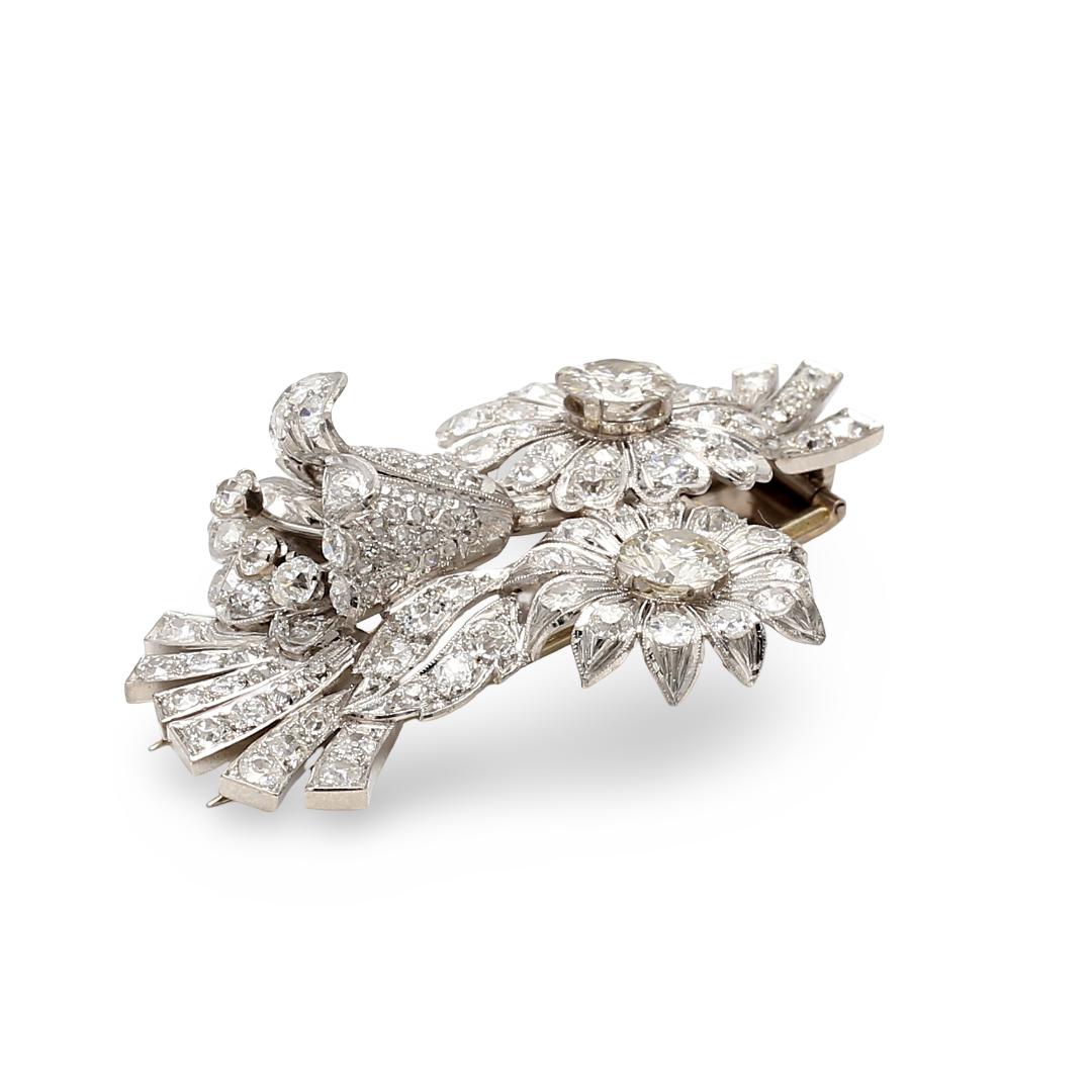 18K White Gold Pin Brooch with 7.25ct Old European Cut & Round Diamonds M I1 GIA