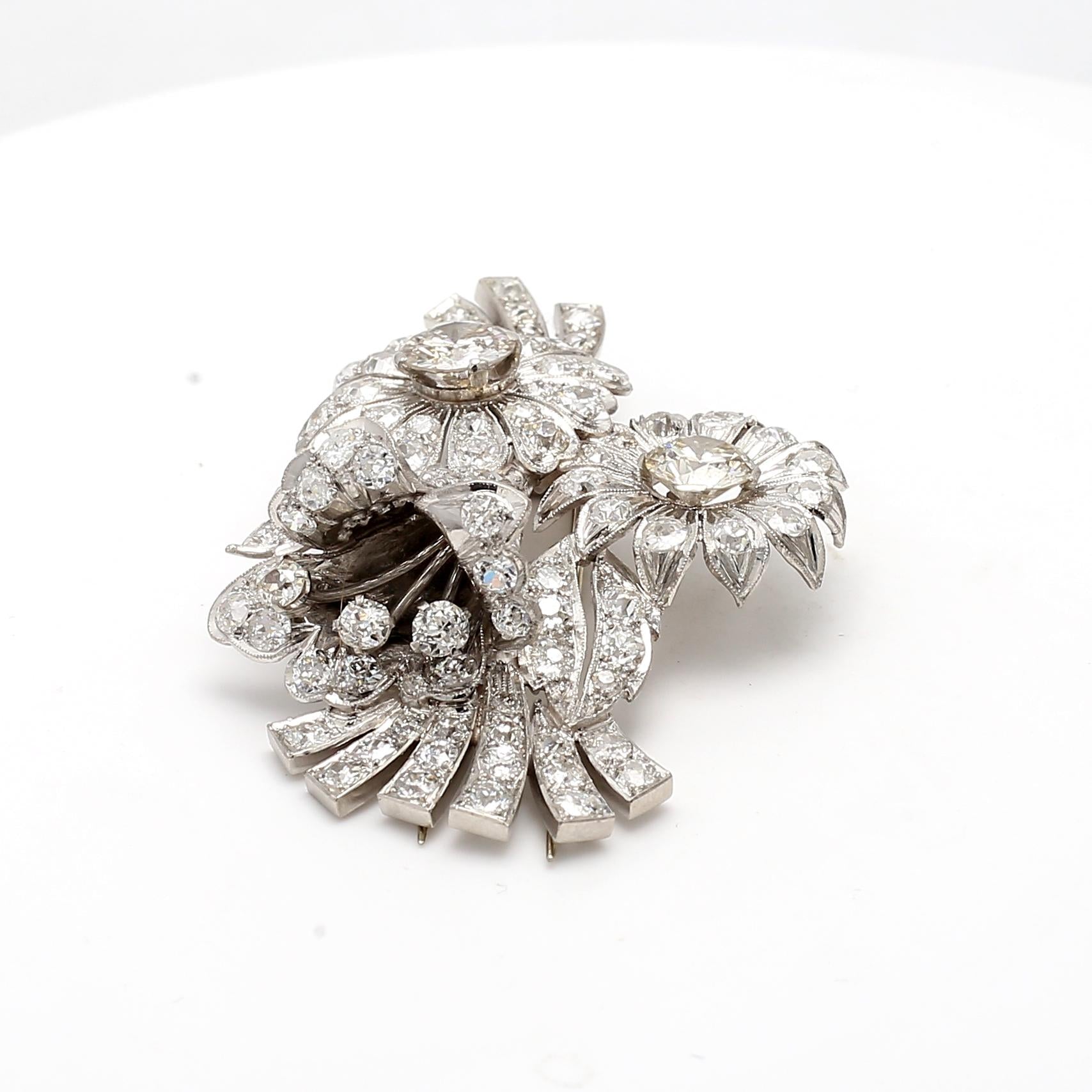 18K WG Platinum Flower Pin Brooch with 7.25 Ct Round & Old European Diamonds GIA