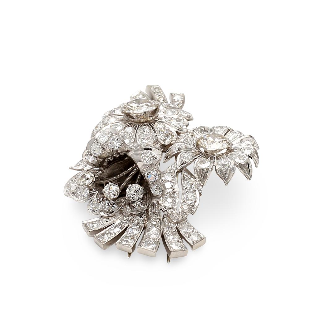 18K White Gold Pin Brooch with 7.25ct Old European Cut & Round Diamonds M I1 GIA