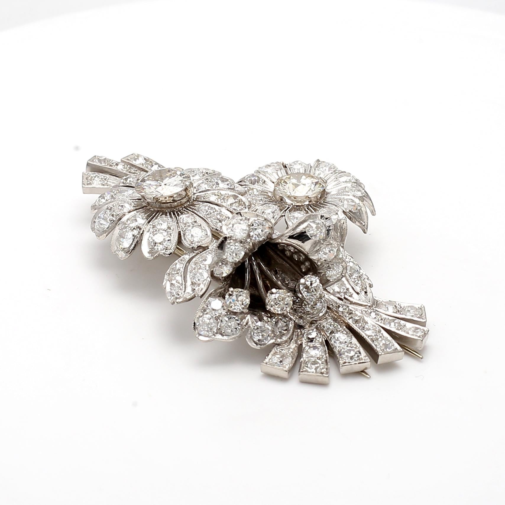 18K WG Platinum Flower Pin Brooch with 7.25 Ct Round & Old European Diamonds GIA