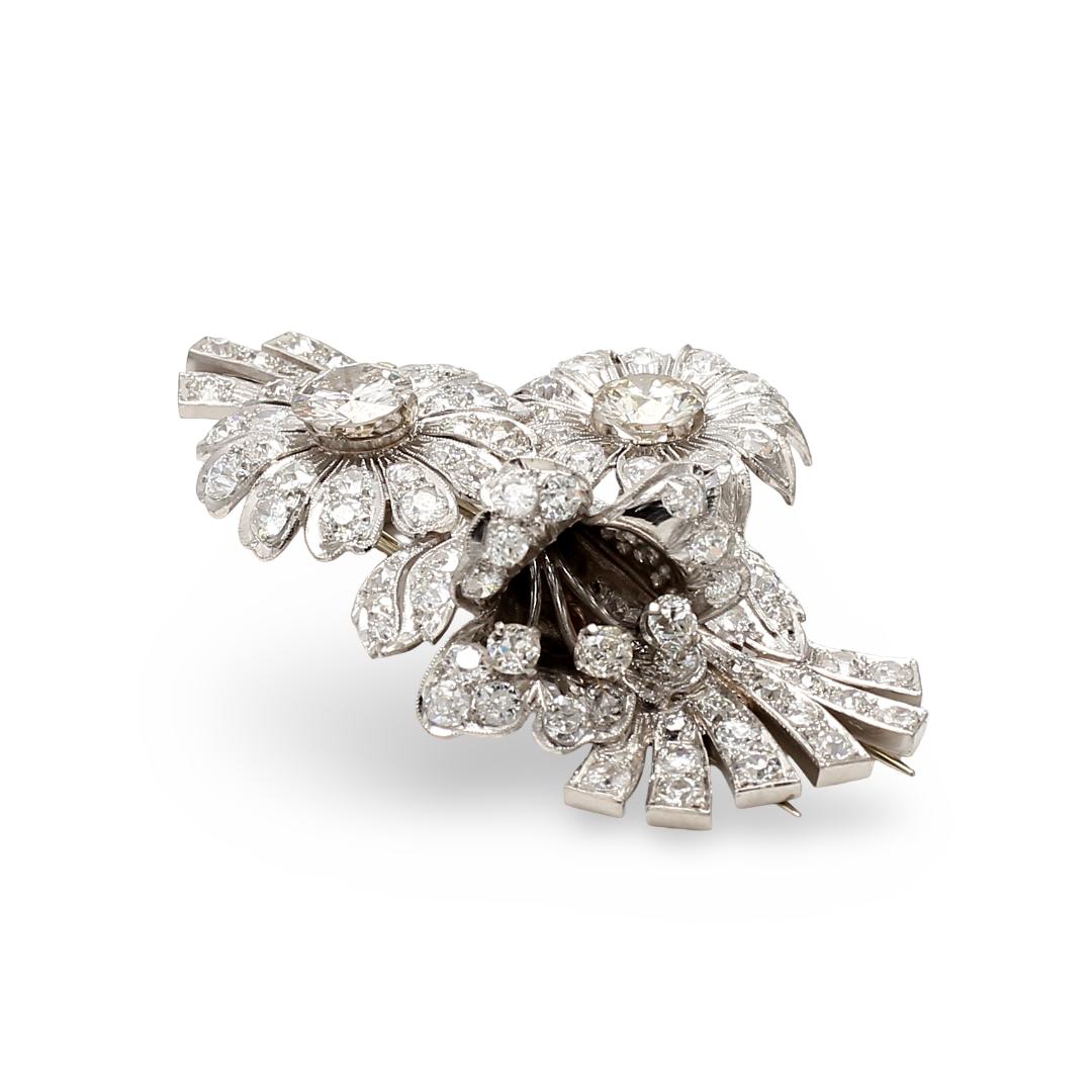 18K White Gold Pin Brooch with 7.25ct Old European Cut & Round Diamonds M I1 GIA