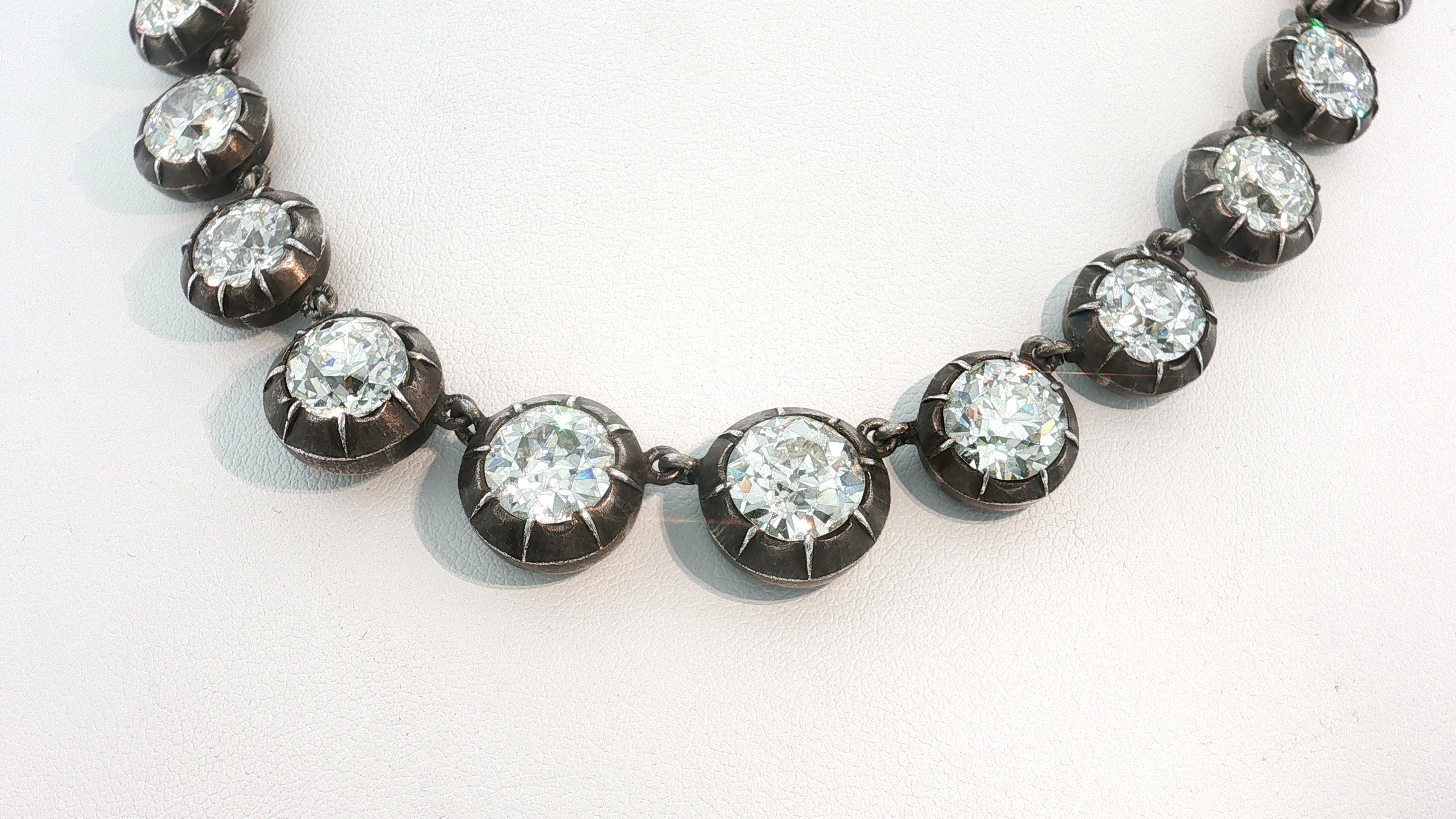 Antique Silver Riviera Necklace with 50.66 Carat Old European Cut Diamonds GIA