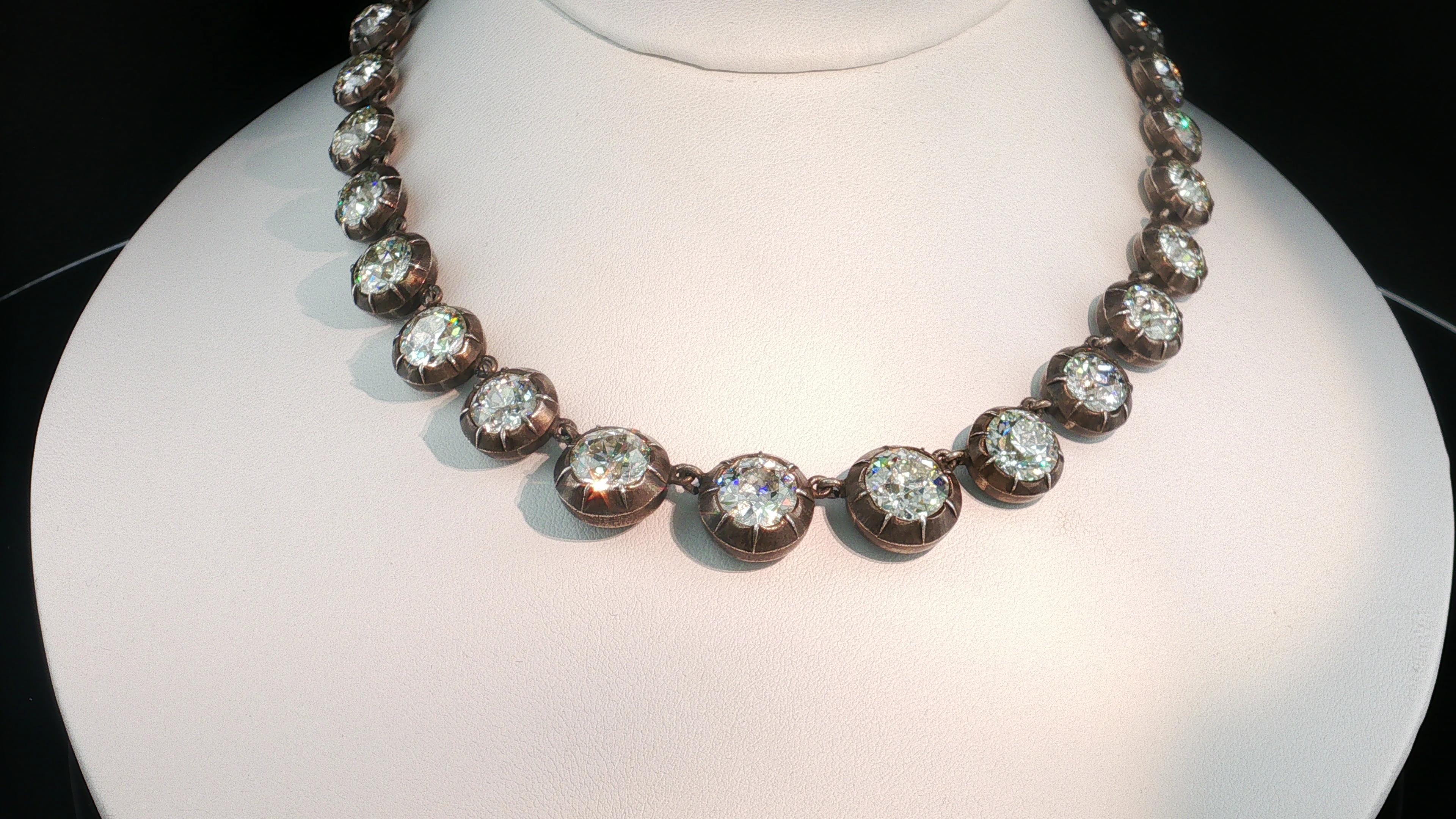 Antique Silver Riviera Necklace with 50.66 Carat Old European Cut Diamonds GIA