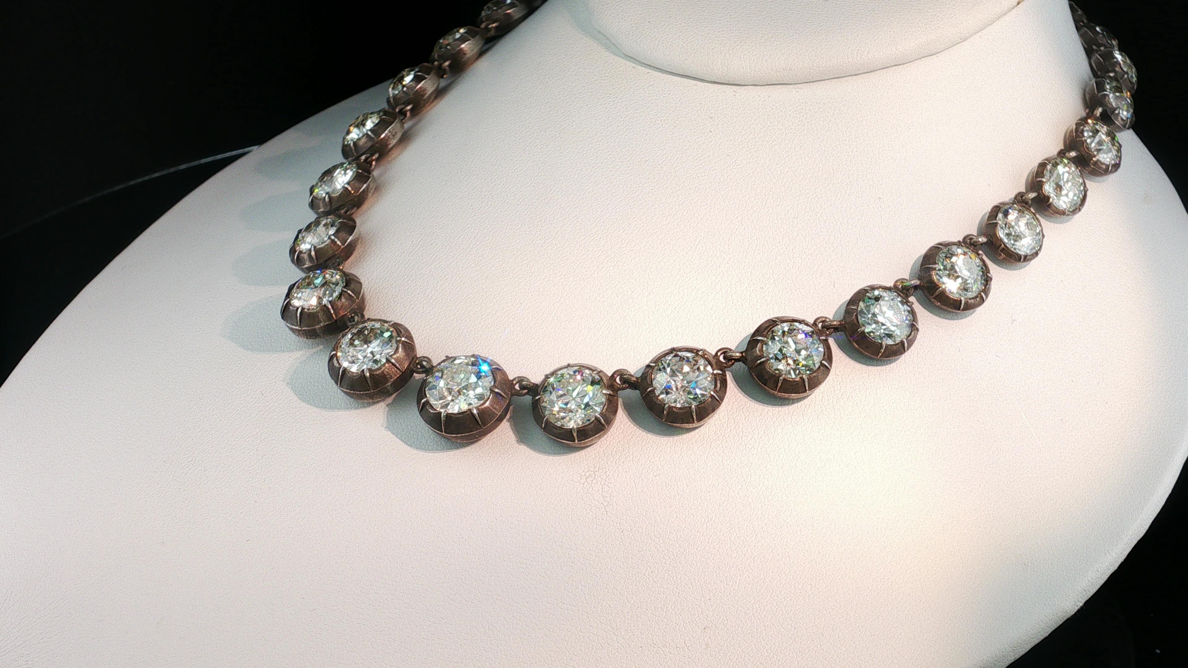 Antique Silver Riviera Necklace with 50.66 Carat Old European Cut Diamonds GIA
