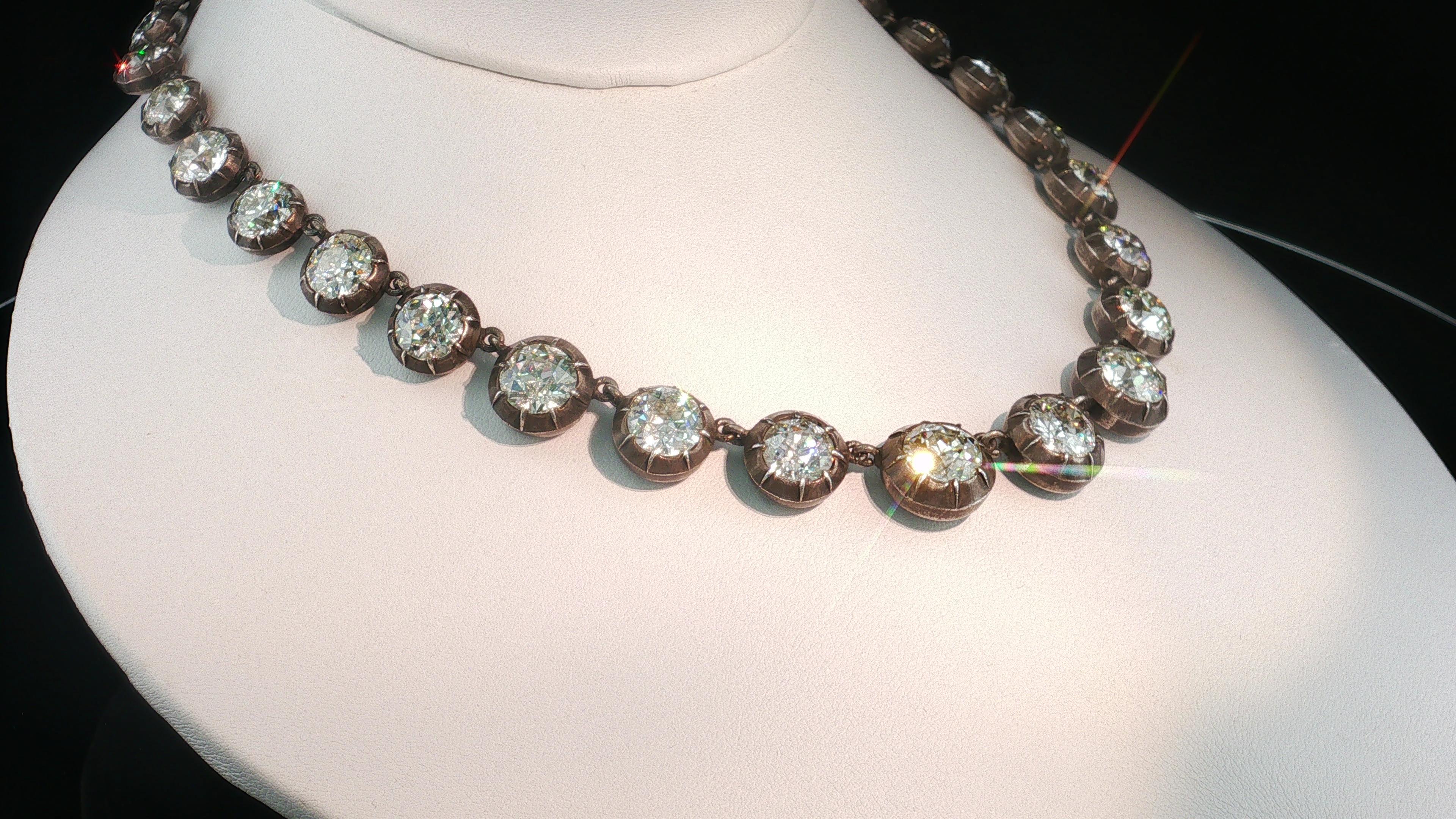 Antique Silver Riviera Necklace with 50.66 Carat Old European Cut Diamonds GIA