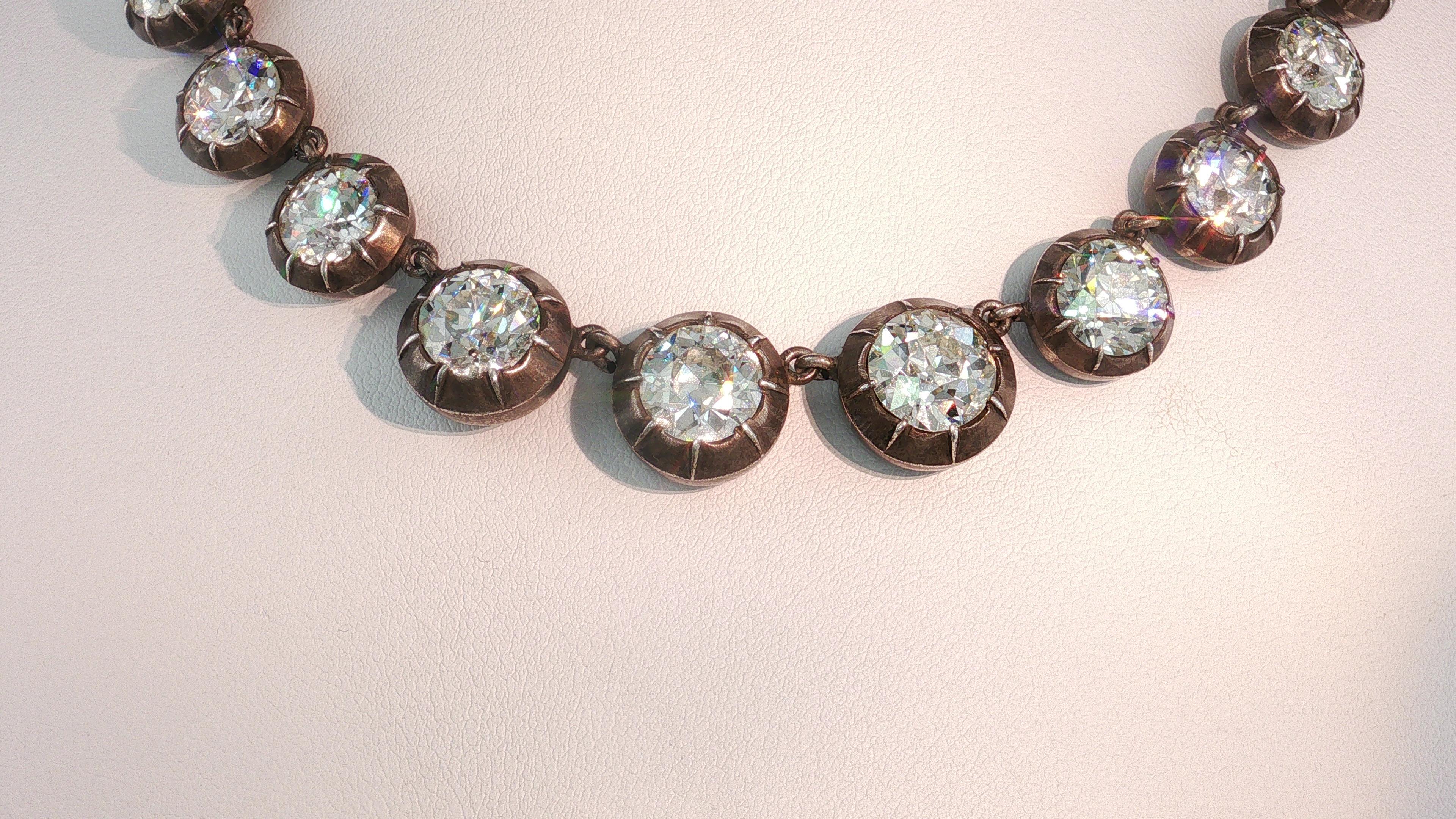 Antique Silver Riviera Necklace with 50.66 Carat Old European Cut Diamonds GIA