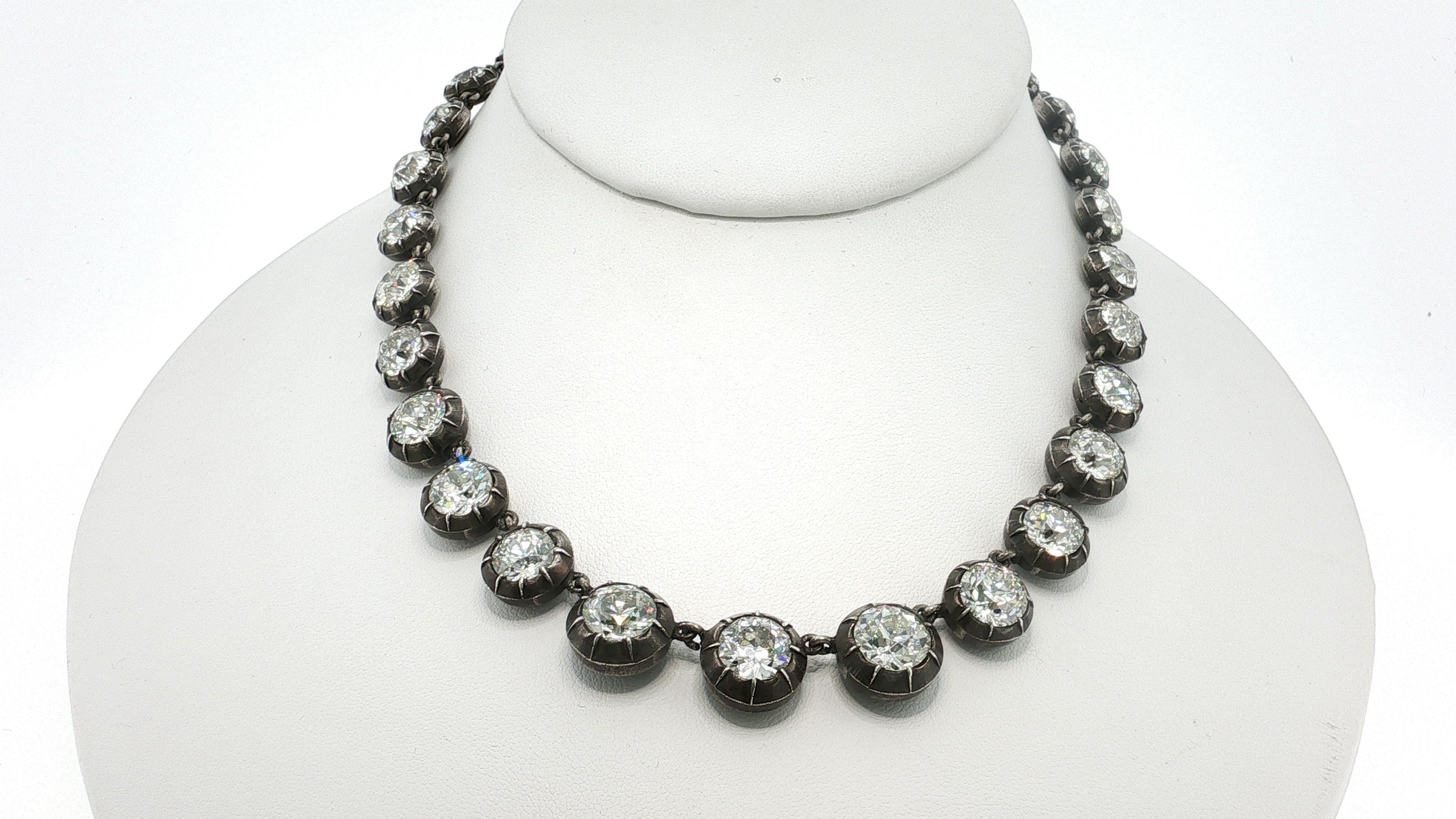 Antique Silver Riviera Necklace with 50.66 Carat Old European Cut Diamonds GIA