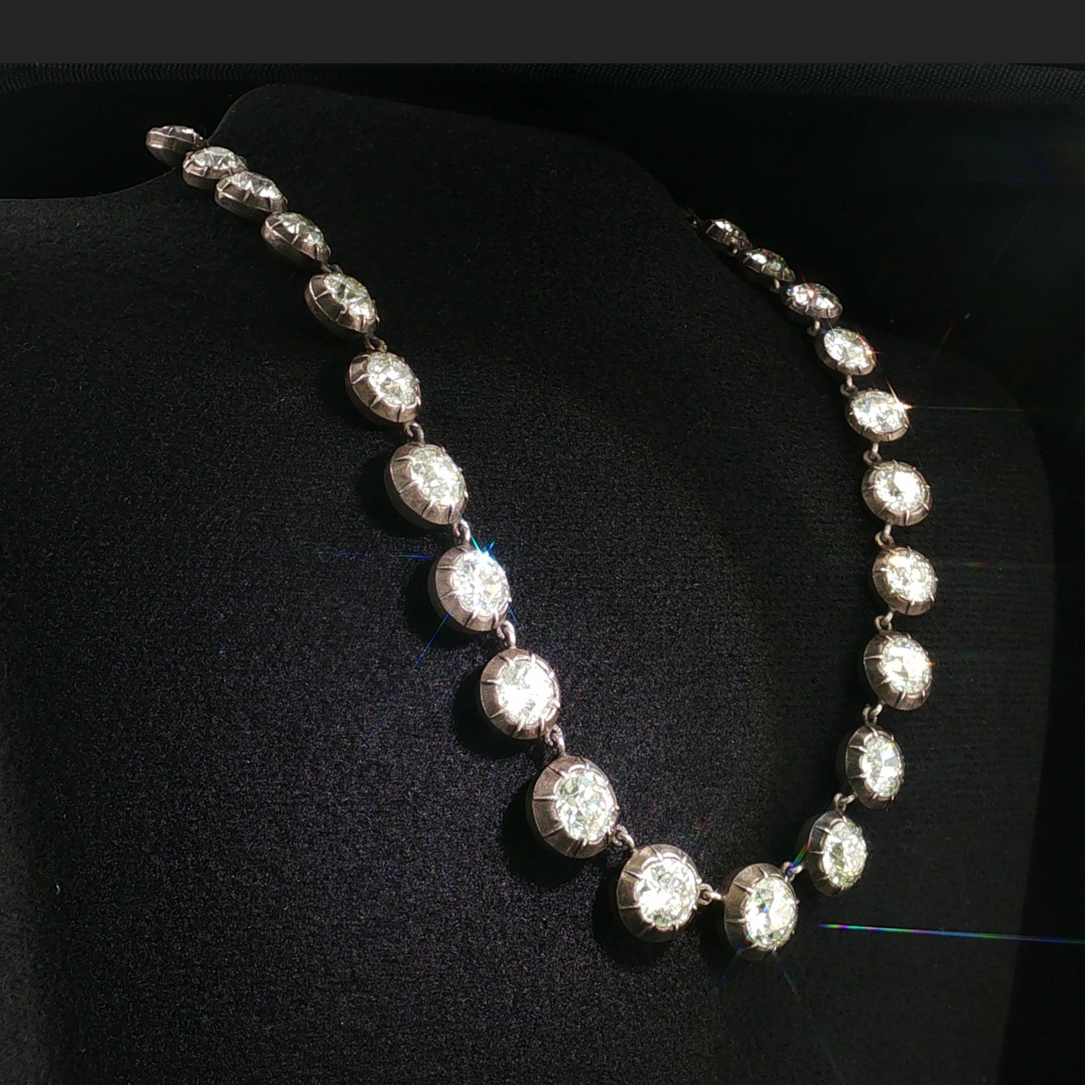 Antique Silver Riviera Necklace with 50.66 Carat Old European Cut Diamonds GIA