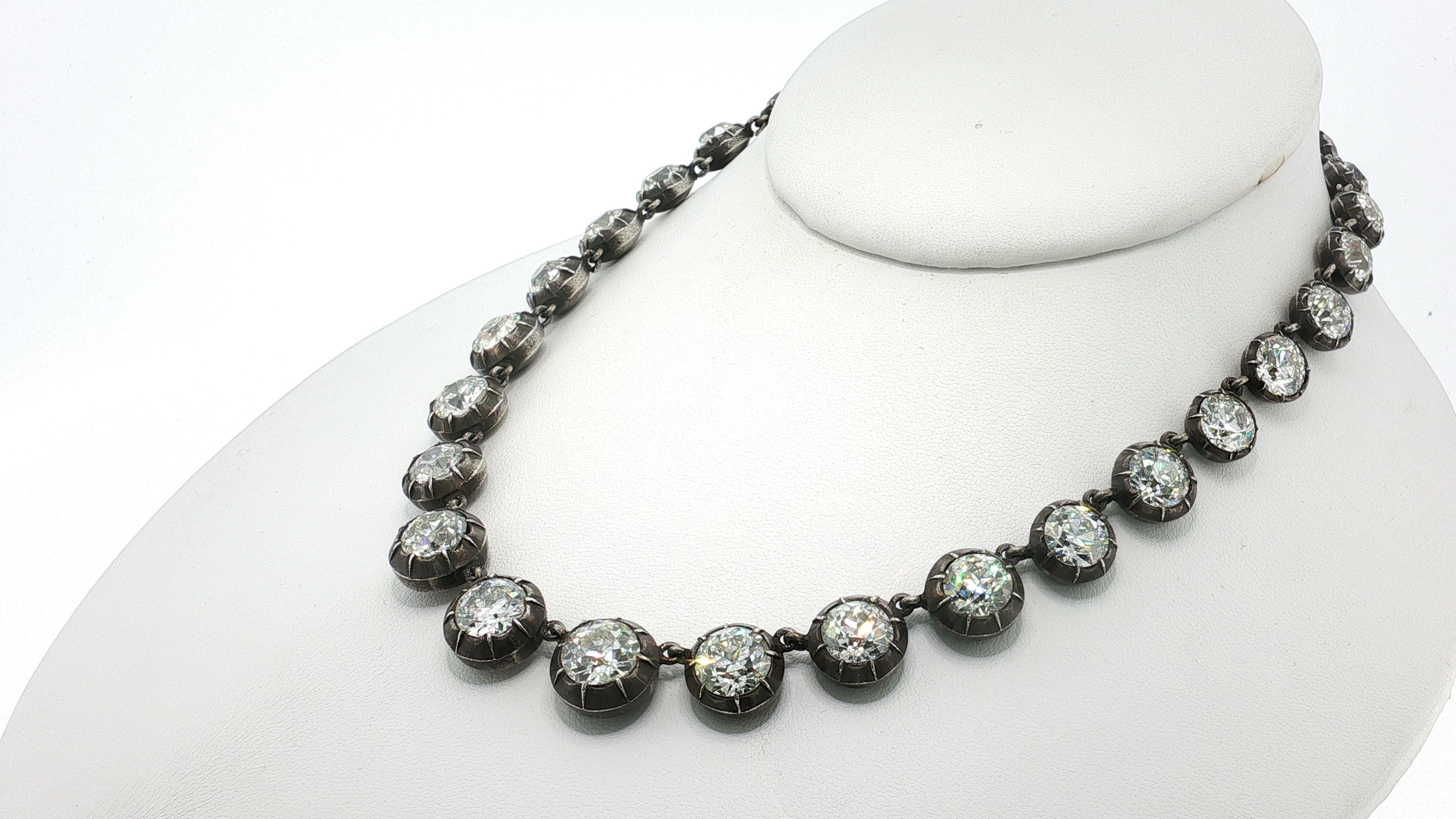Antique Silver Riviera Necklace with 50.66 Carat Old European Cut Diamonds GIA