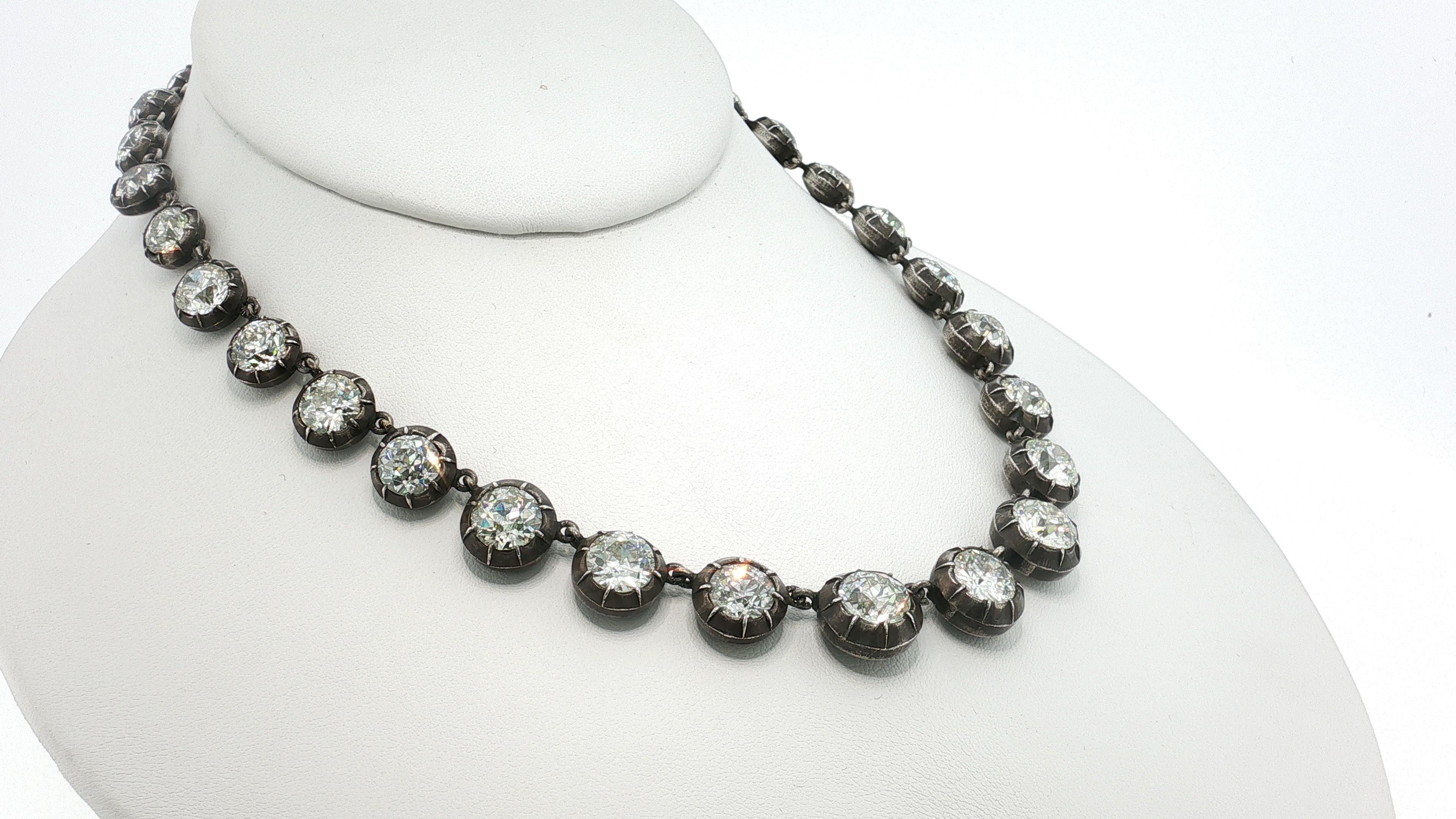 Antique Silver Riviera Necklace with 50.66 Carat Old European Cut Diamonds GIA