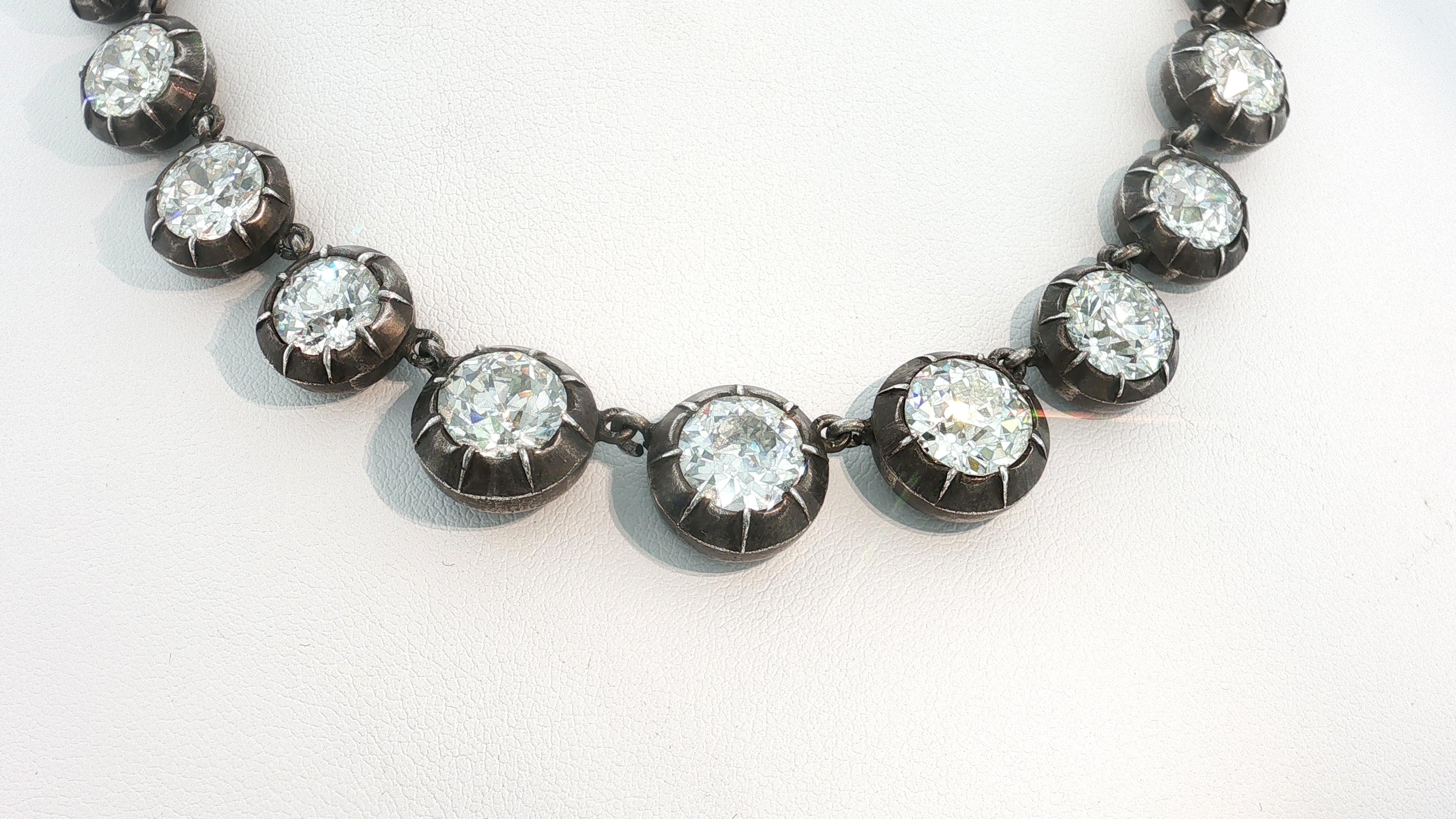 Antique Silver Riviera Necklace with 50.66 Carat Old European Cut Diamonds GIA