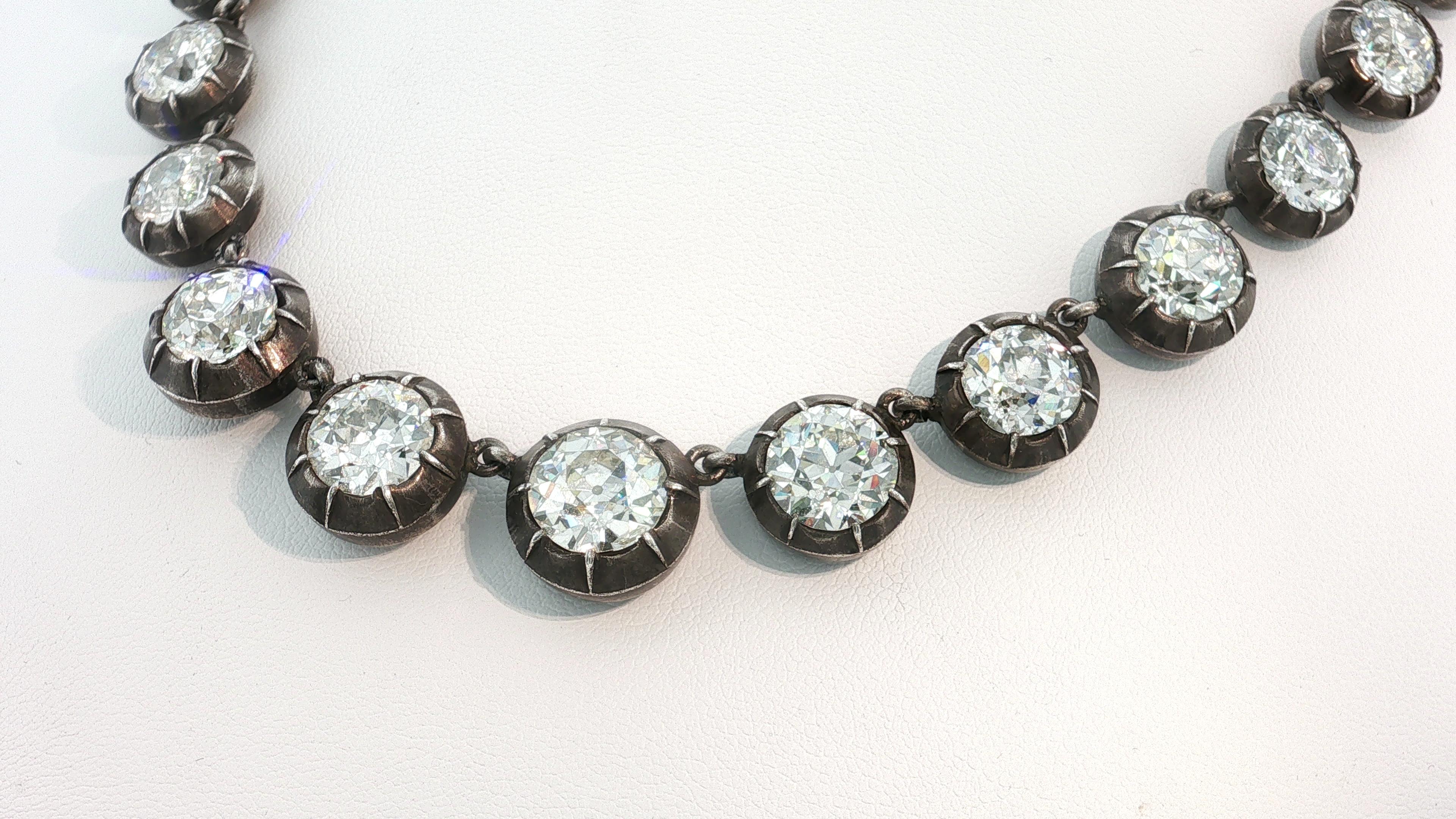 Antique Silver Riviera Necklace with 50.66 Carat Old European Cut Diamonds GIA