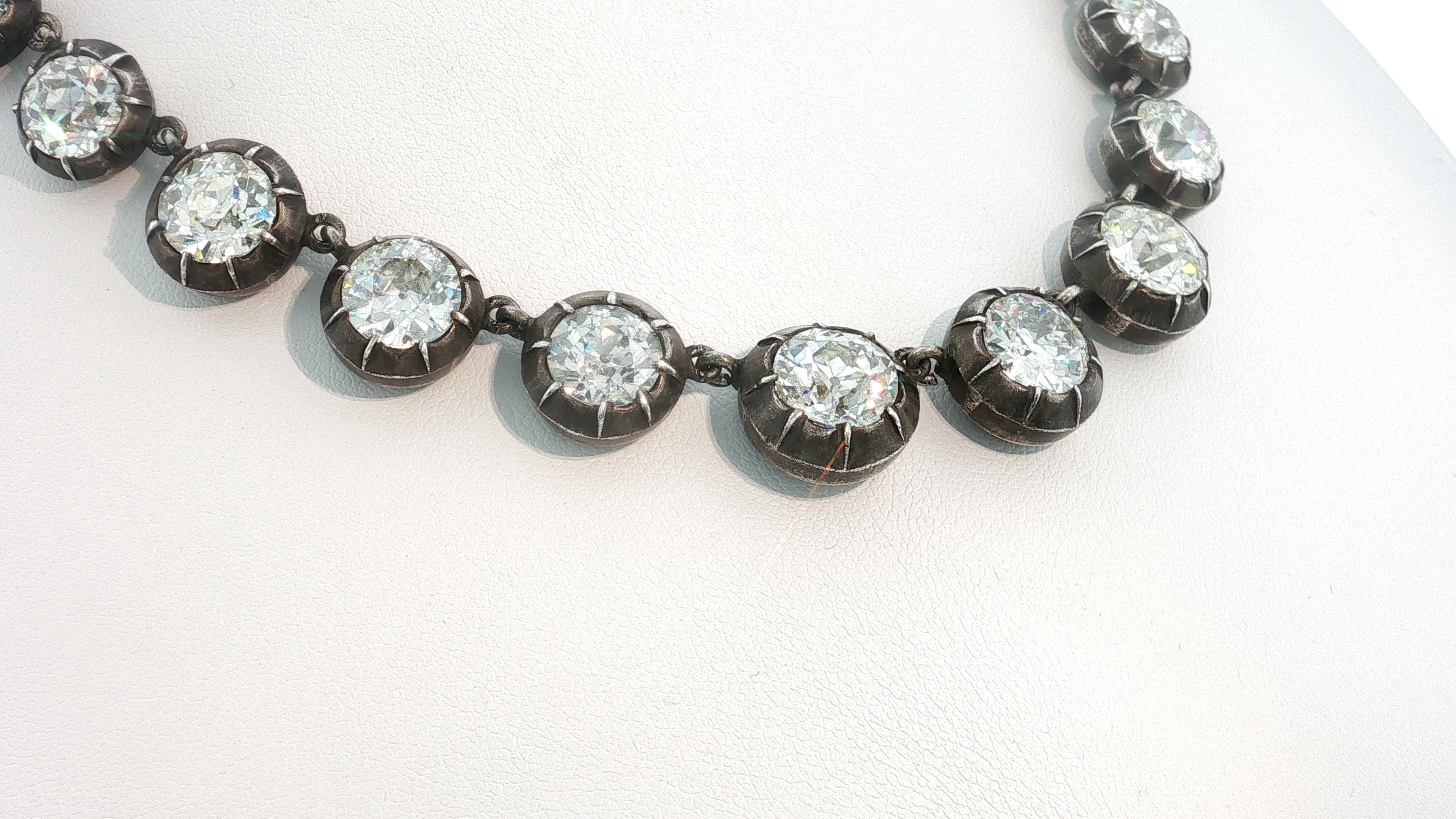 Antique Silver Riviera Necklace with 50.66 Carat Old European Cut Diamonds GIA