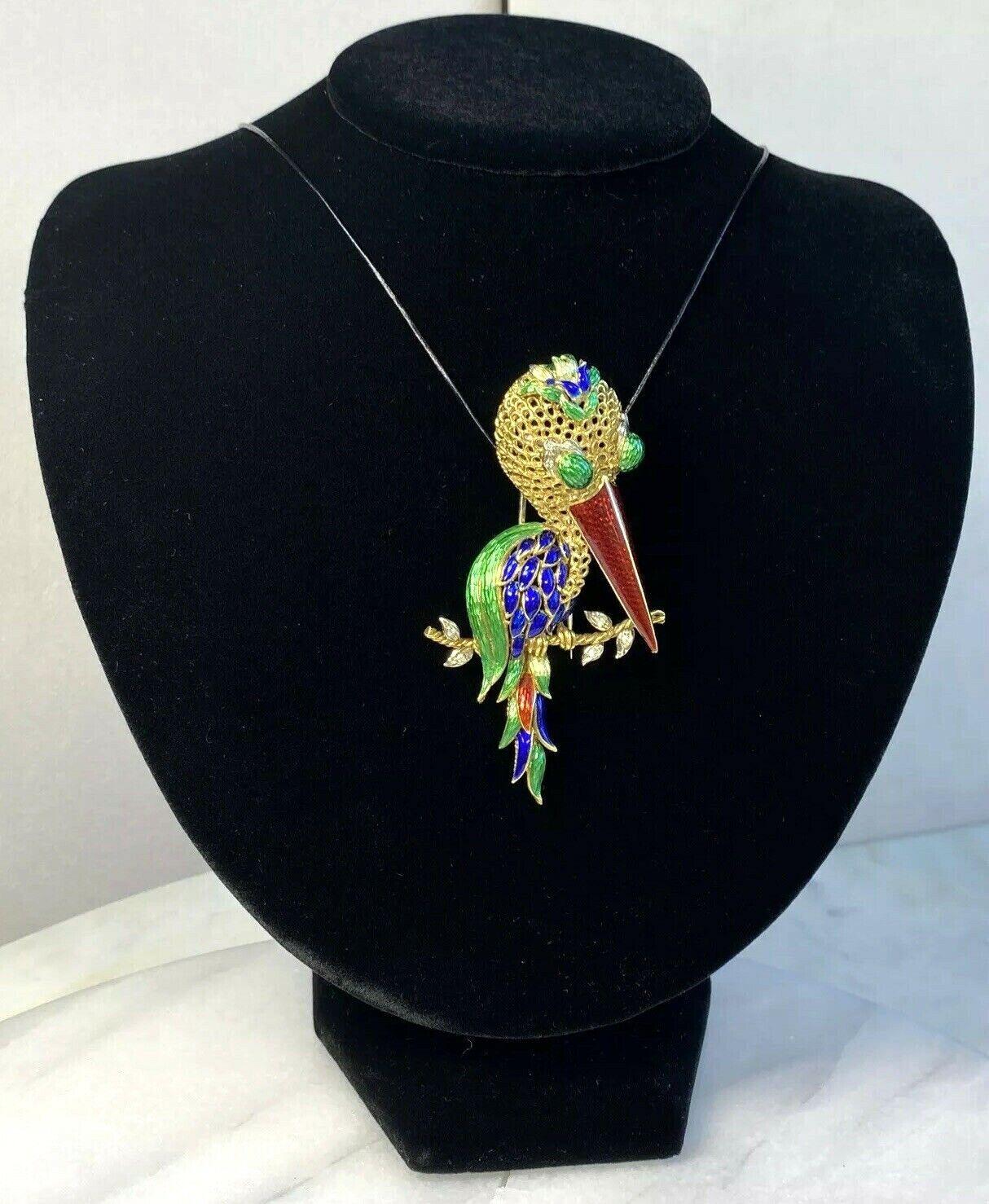 18K Yellow Gold Enamel Long-Beaked Bird Brooch with Diamond Accents 35.1g