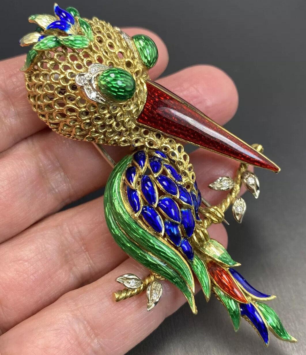 18K Yellow Gold Enamel Long-Beaked Bird Brooch with Diamond Accents 35.1g