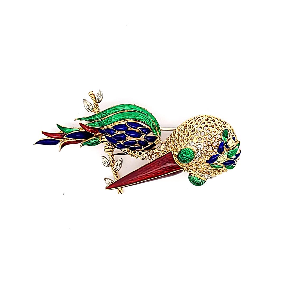 18K Yellow Gold Enamel Long-Beaked Bird Brooch with Diamond Accents 35.1g