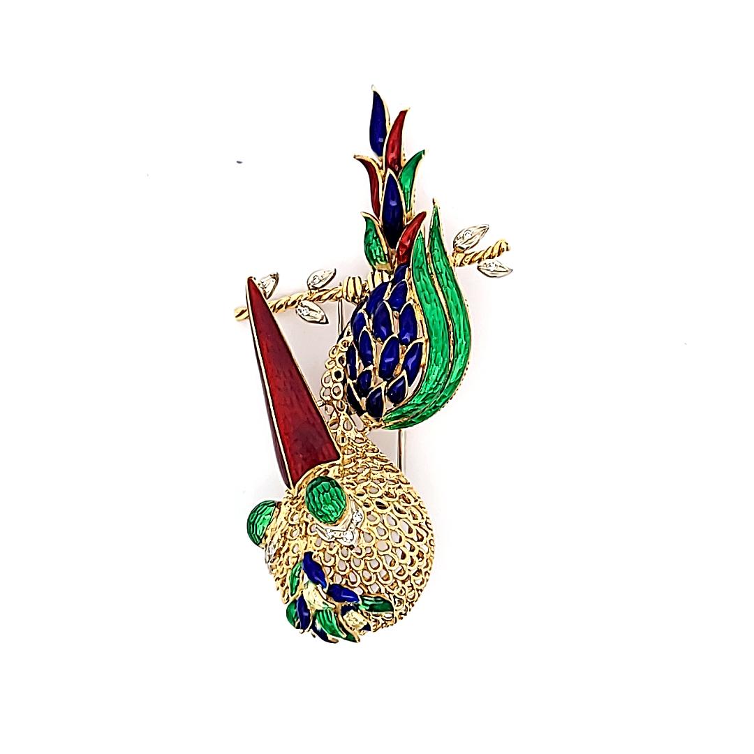 18K Yellow Gold Enamel Long-Beaked Bird Brooch with Diamond Accents 35.1g