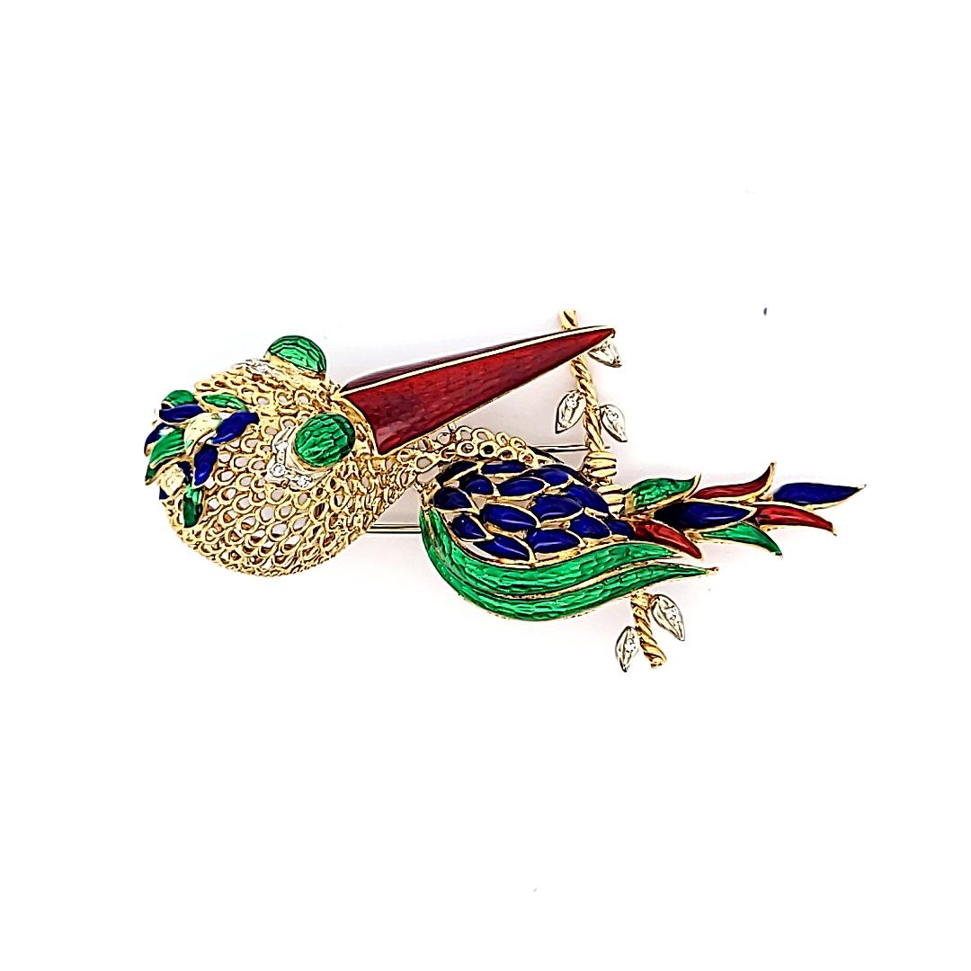 18K Yellow Gold Enamel Long-Beaked Bird Brooch with Diamond Accents 35.1g