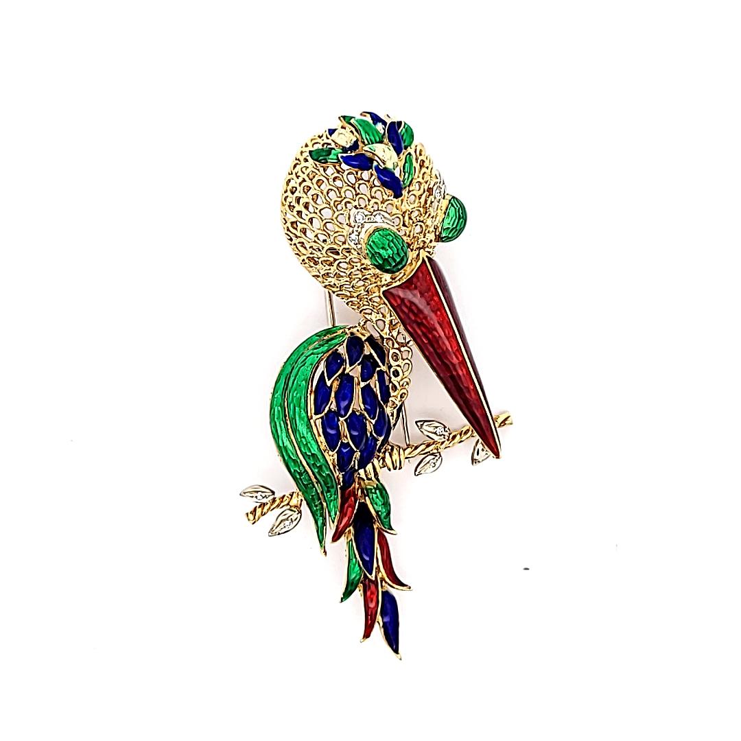 18K Yellow Gold Enamel Long-Beaked Bird Brooch with Diamond Accents 35.1g