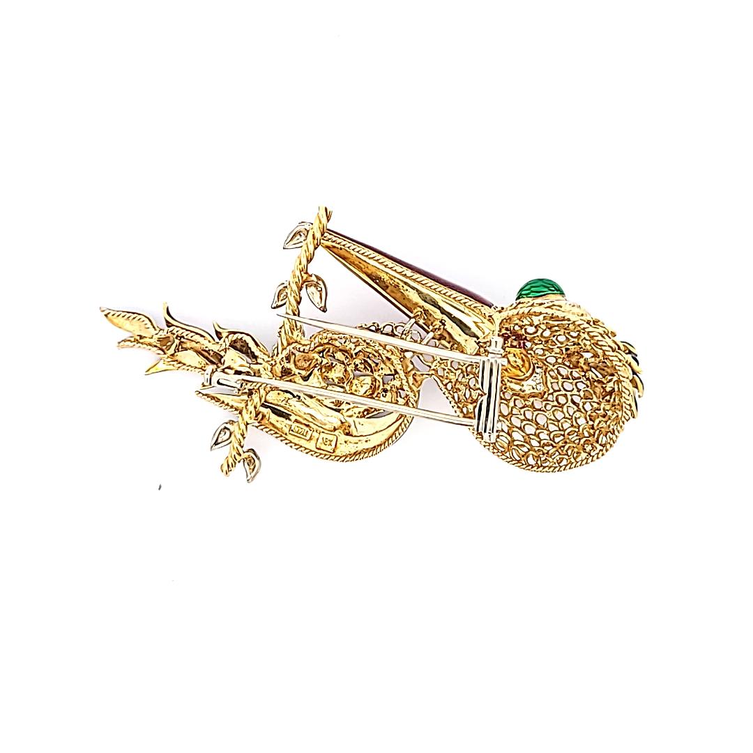 18K Yellow Gold Enamel Long-Beaked Bird Brooch with Diamond Accents 35.1g