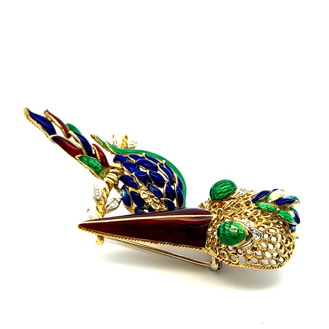 18K Yellow Gold Enamel Long-Beaked Bird Brooch with Diamond Accents 35.1g