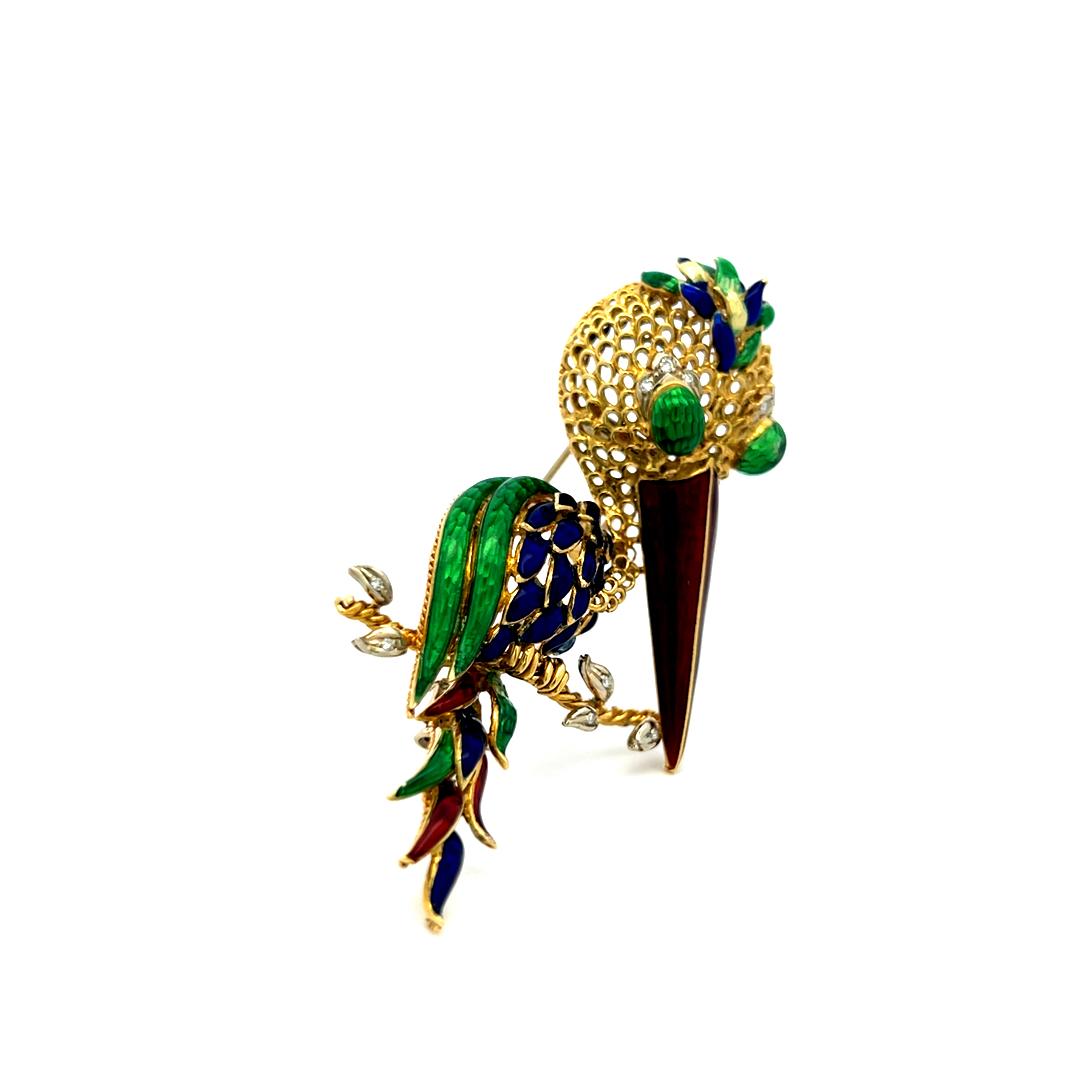 18K Yellow Gold Enamel Long-Beaked Bird Brooch with Diamond Accents 35.1g