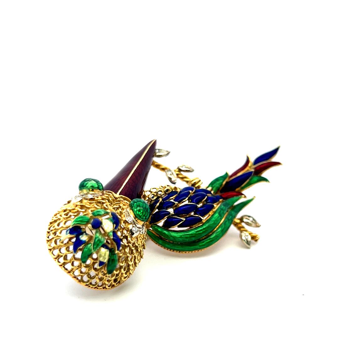 18K Yellow Gold Enamel Long-Beaked Bird Brooch with Diamond Accents 35.1g