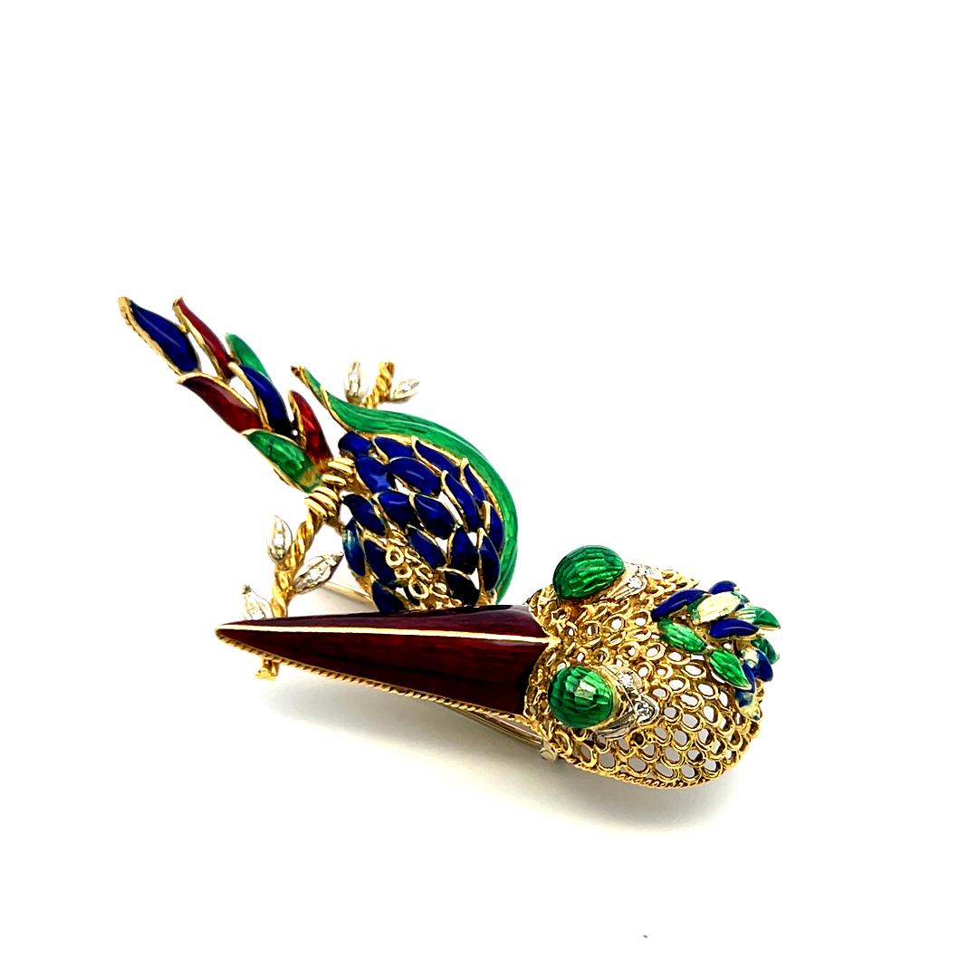 18K Yellow Gold Enamel Long-Beaked Bird Brooch with Diamond Accents 35.1g