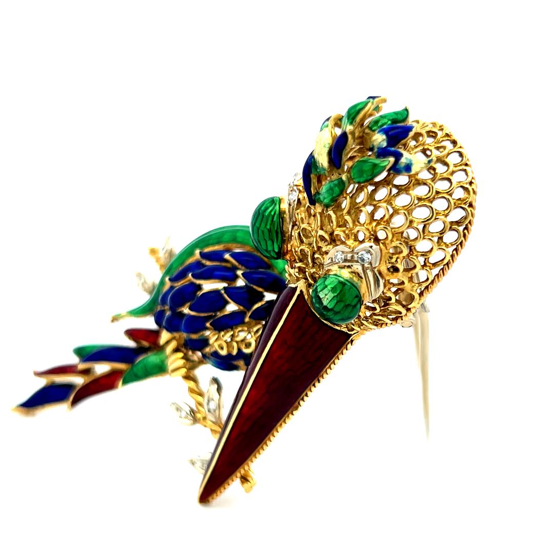 18K Yellow Gold Enamel Long-Beaked Bird Brooch with Diamond Accents 35.1g