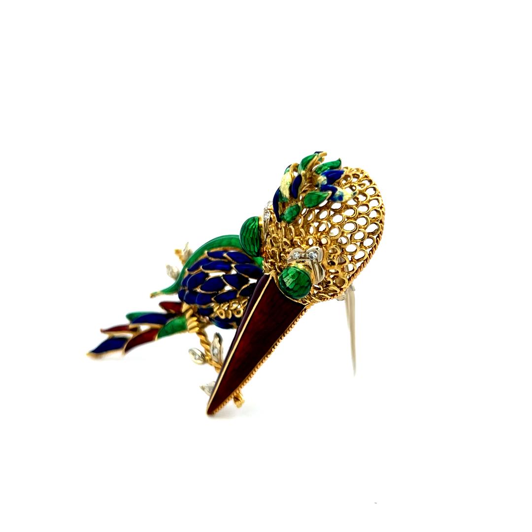 18K Yellow Gold Enamel Long-Beaked Bird Brooch with Diamond Accents 35.1g