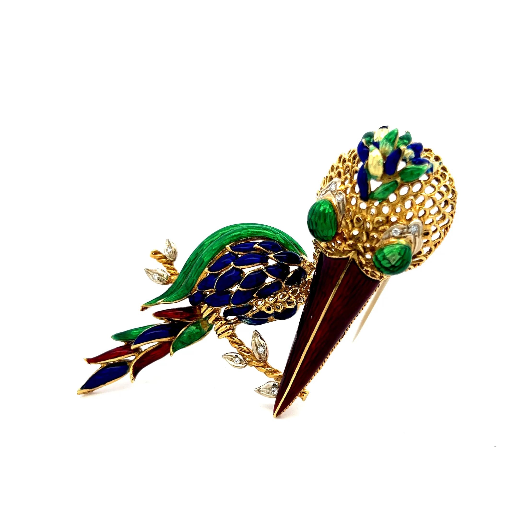 18K Yellow Gold Enamel Long-Beaked Bird Brooch with Diamond Accents 35.1g