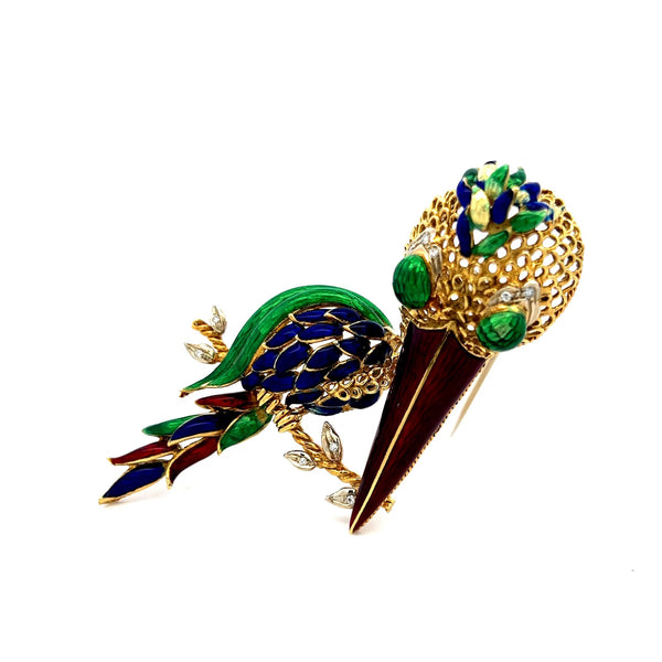 18K Yellow Gold Enamel Long-Beaked Bird Brooch with Diamond Accents 35.1g