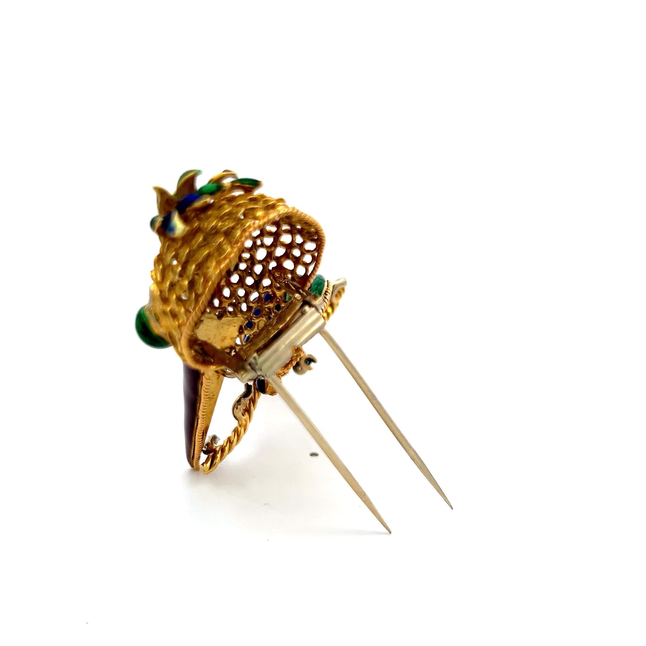 18K Yellow Gold Enamel Long-Beaked Bird Brooch with Diamond Accents 35.1g