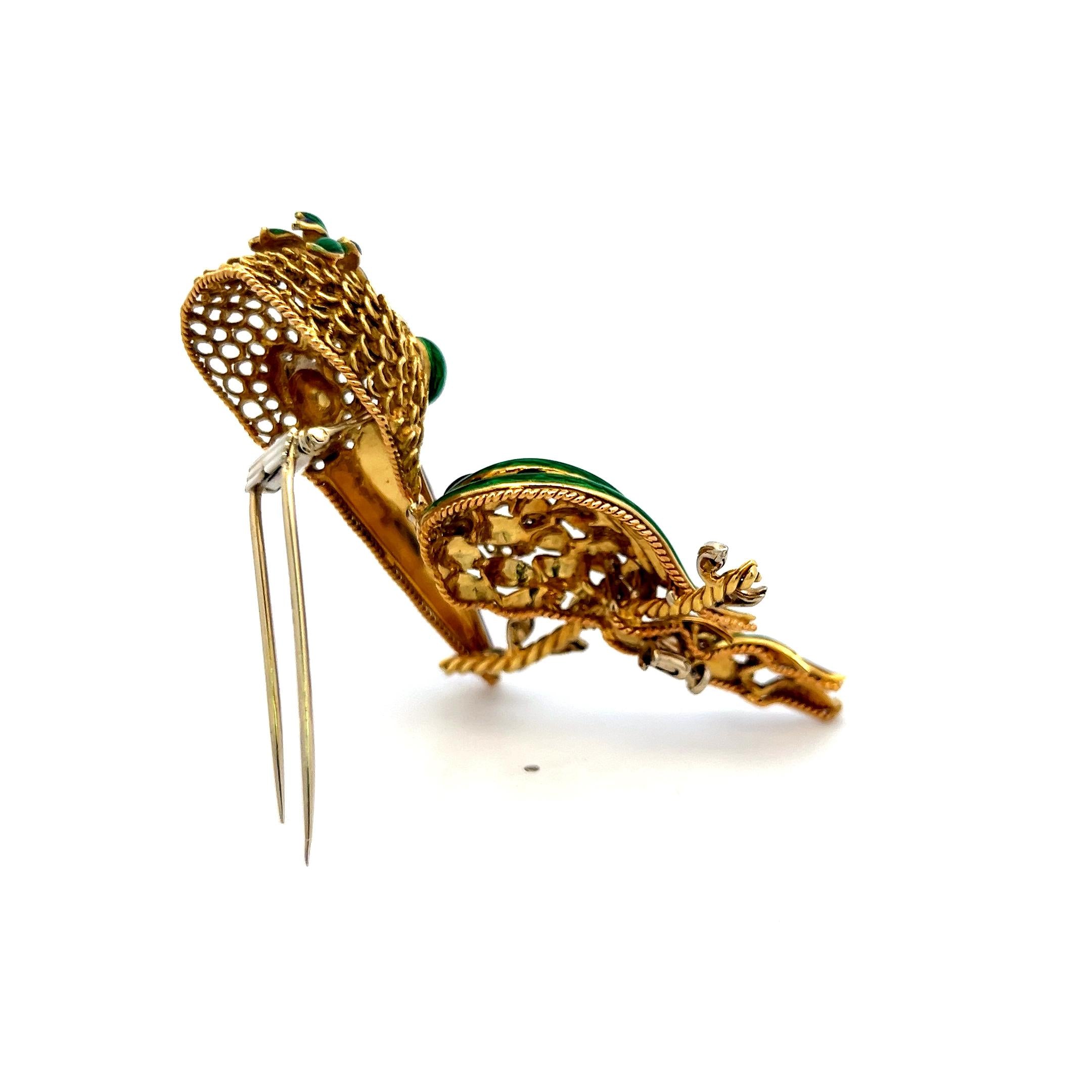 18K Yellow Gold Enamel Long-Beaked Bird Brooch with Diamond Accents 35.1g