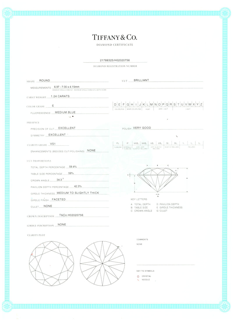 Tiffany and Co 1.64 Carat Round Brilliant E-VS1 Diamond Platinum Engagement Ring