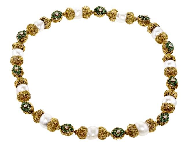 18K YG Station Necklace 1.1ct Round Diamonds 6ct Emeralds & 11.2-14.23mm Pearls
