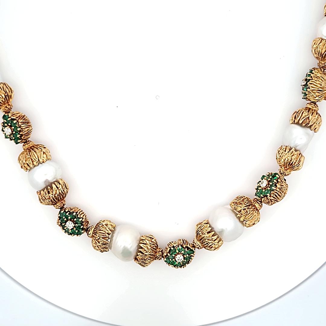 Emerald, Diamond and 11–14mm Pearl 18K Yellow Gold Vintage Gemstone Necklace