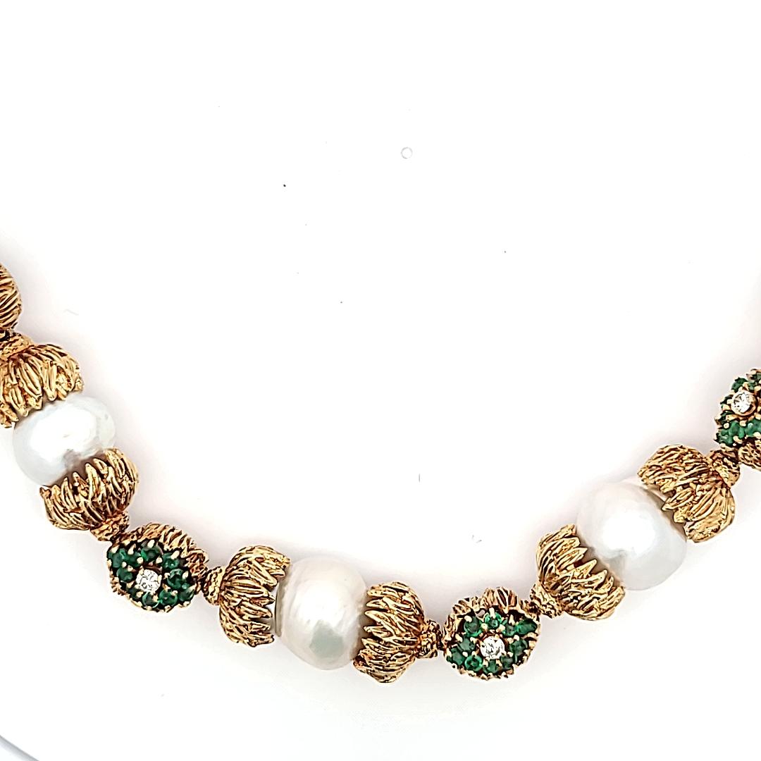 Emerald, Diamond and 11–14mm Pearl 18K Yellow Gold Vintage Gemstone Necklace