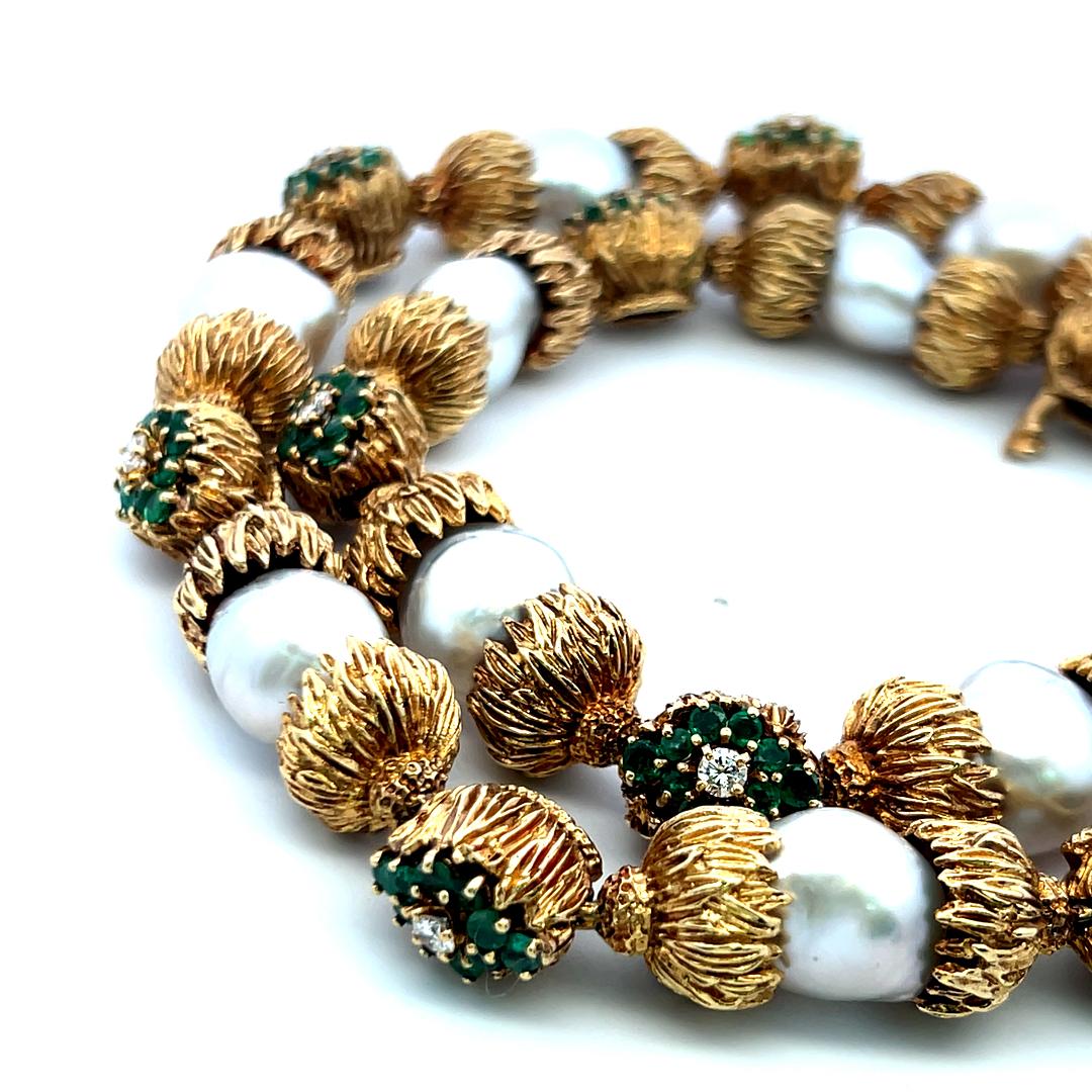 Emerald, Diamond and 11–14mm Pearl 18K Yellow Gold Vintage Gemstone Necklace