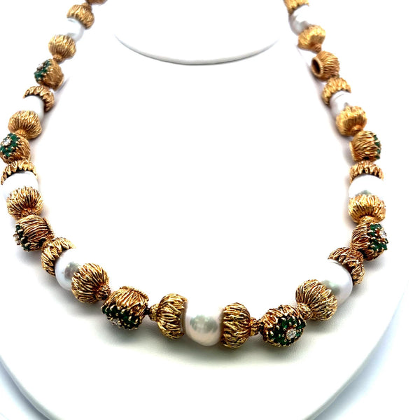 Emerald, Diamond and 11–14mm Pearl 18K Yellow Gold Vintage Gemstone Necklace