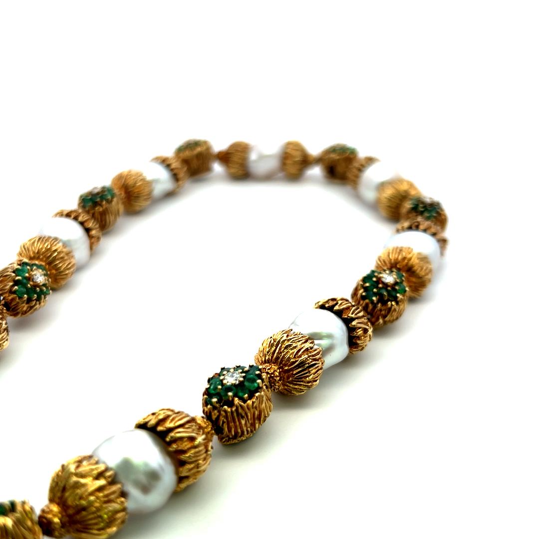 18K YG Station Necklace 1.1ct Round Diamonds 6ct Emeralds & 11.2-14.23mm Pearls