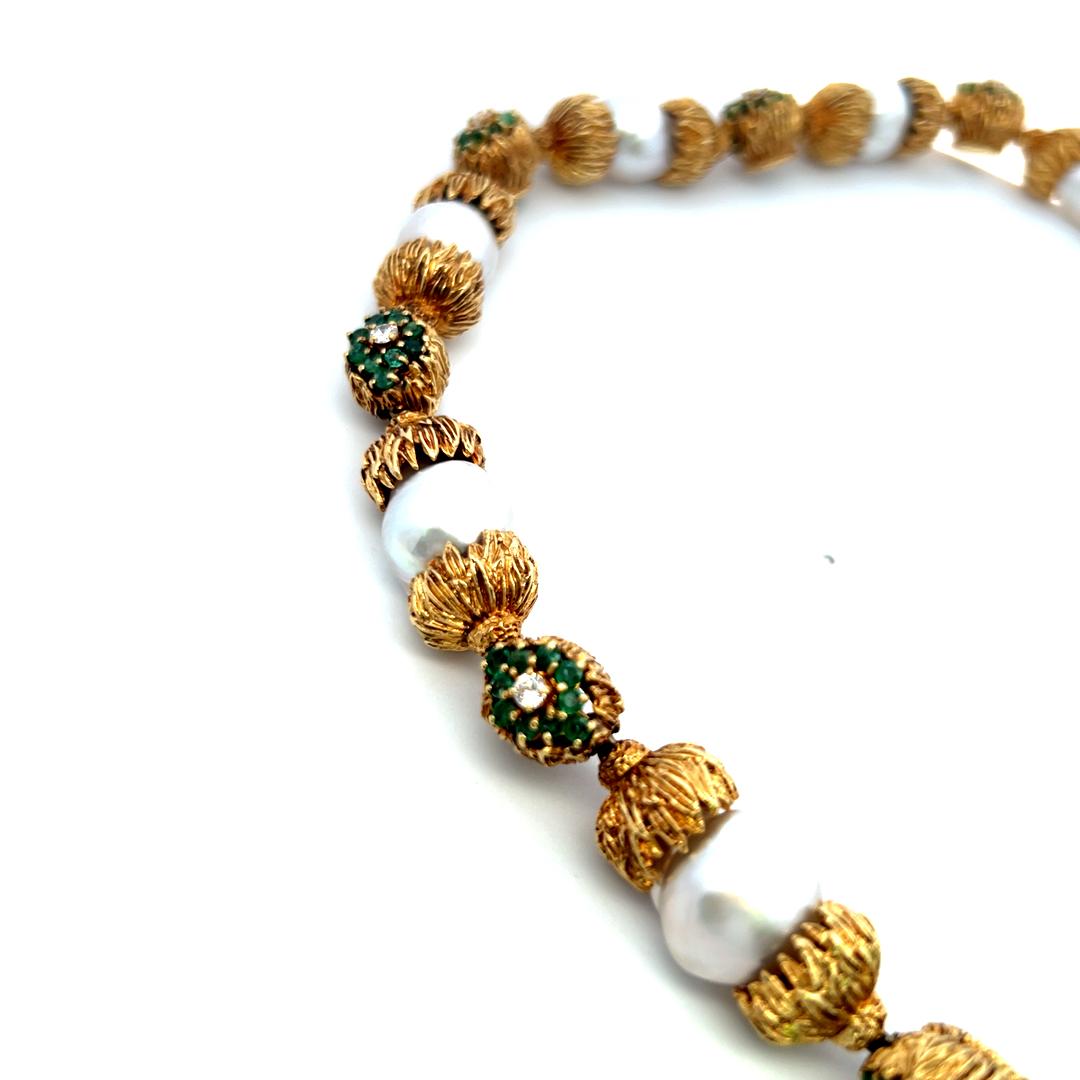 18K YG Station Necklace 1.1ct Round Diamonds 6ct Emeralds & 11.2-14.23mm Pearls