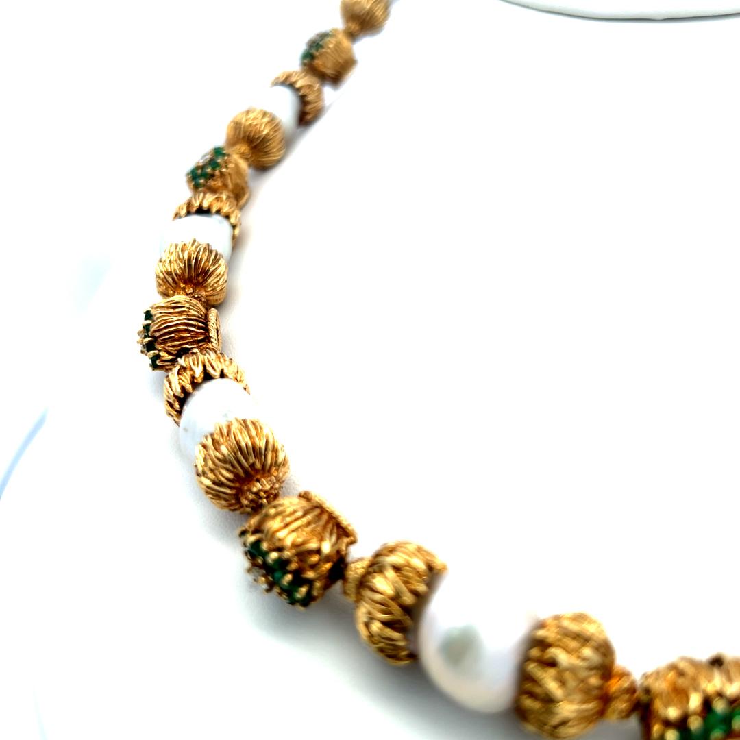 18K YG Station Necklace 1.1ct Round Diamonds 6ct Emeralds & 11.2-14.23mm Pearls
