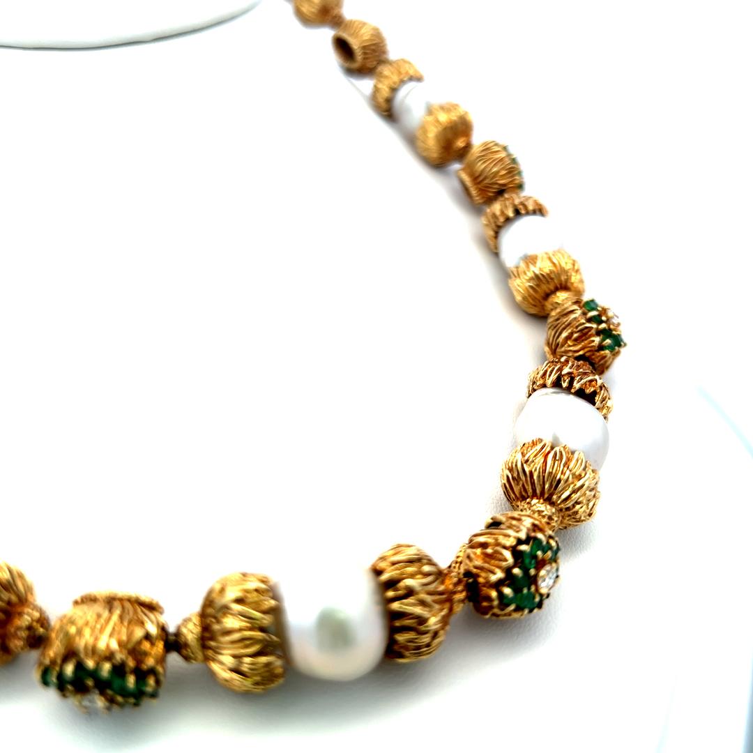 Emerald, Diamond and 11–14mm Pearl 18K Yellow Gold Vintage Gemstone Necklace