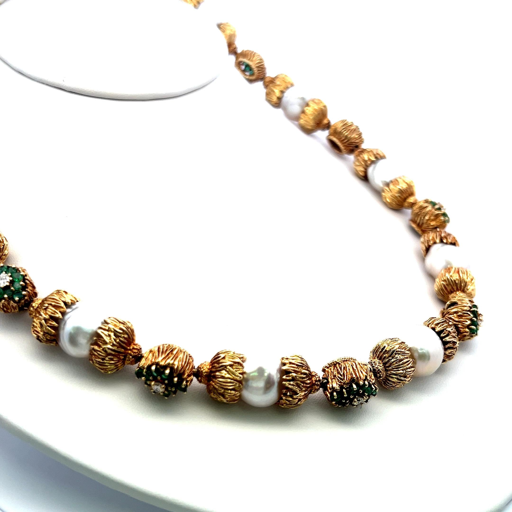 18K YG Station Necklace 1.1ct Round Diamonds 6ct Emeralds & 11.2-14.23mm Pearls