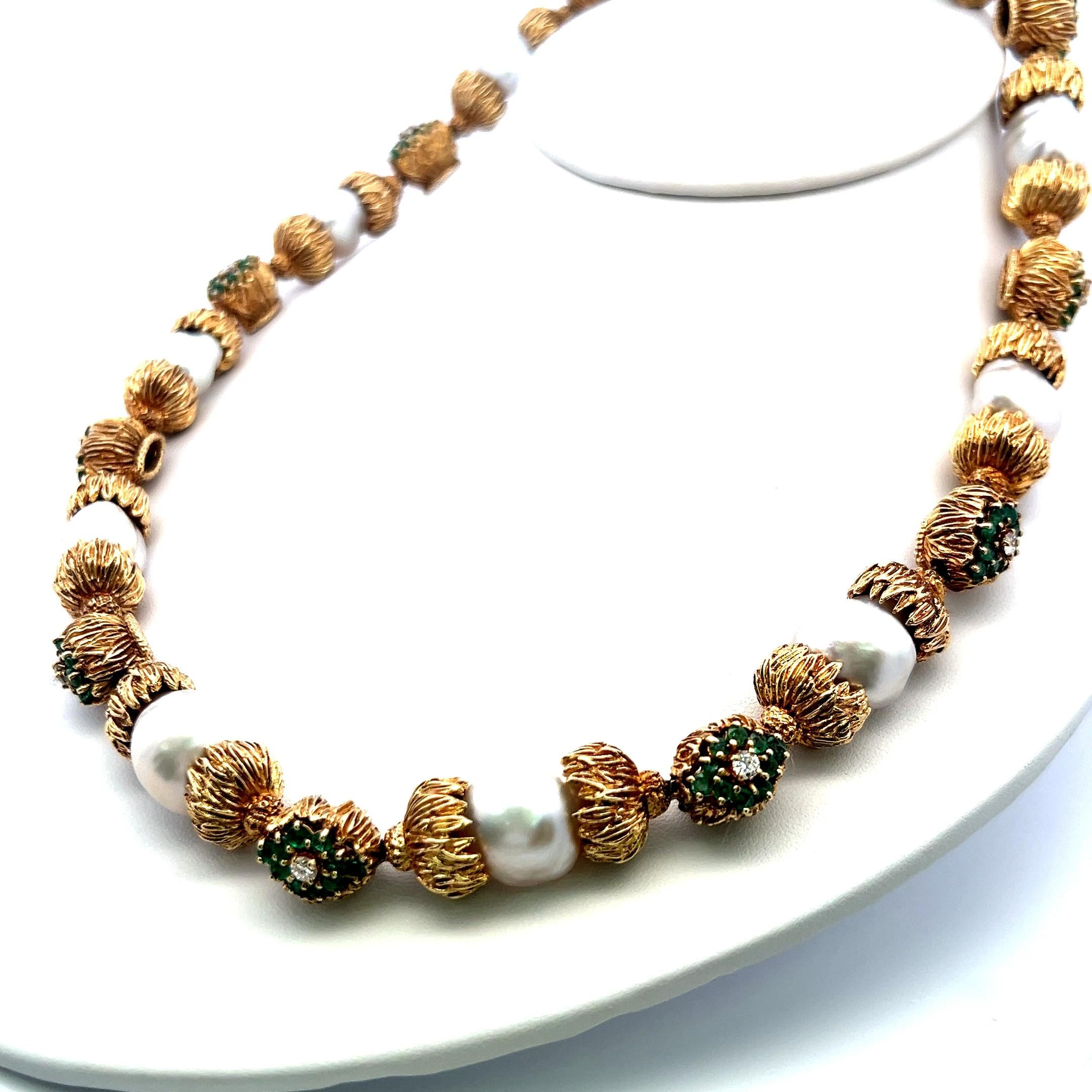 18K YG Station Necklace 1.1ct Round Diamonds 6ct Emeralds & 11.2-14.23mm Pearls