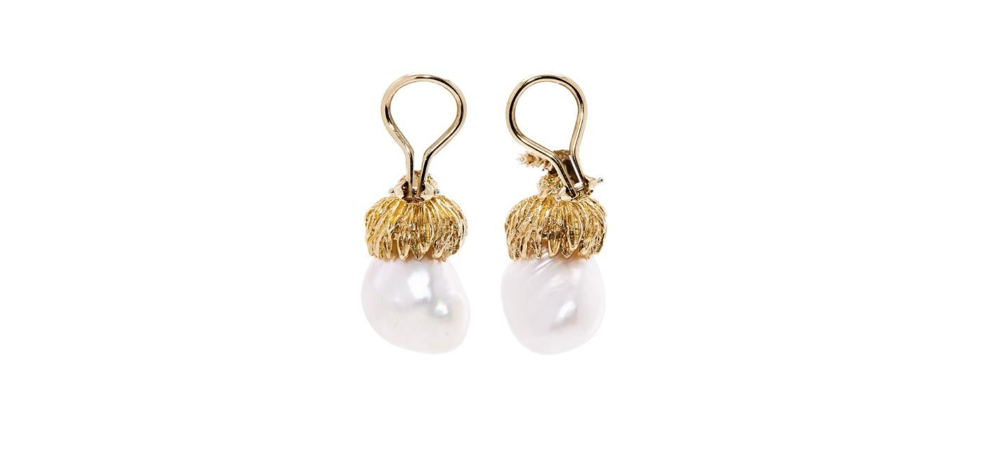 Pearl, Emerald & Diamond Drop Earrings in 18K Yellow Gold (Vintage Estate)