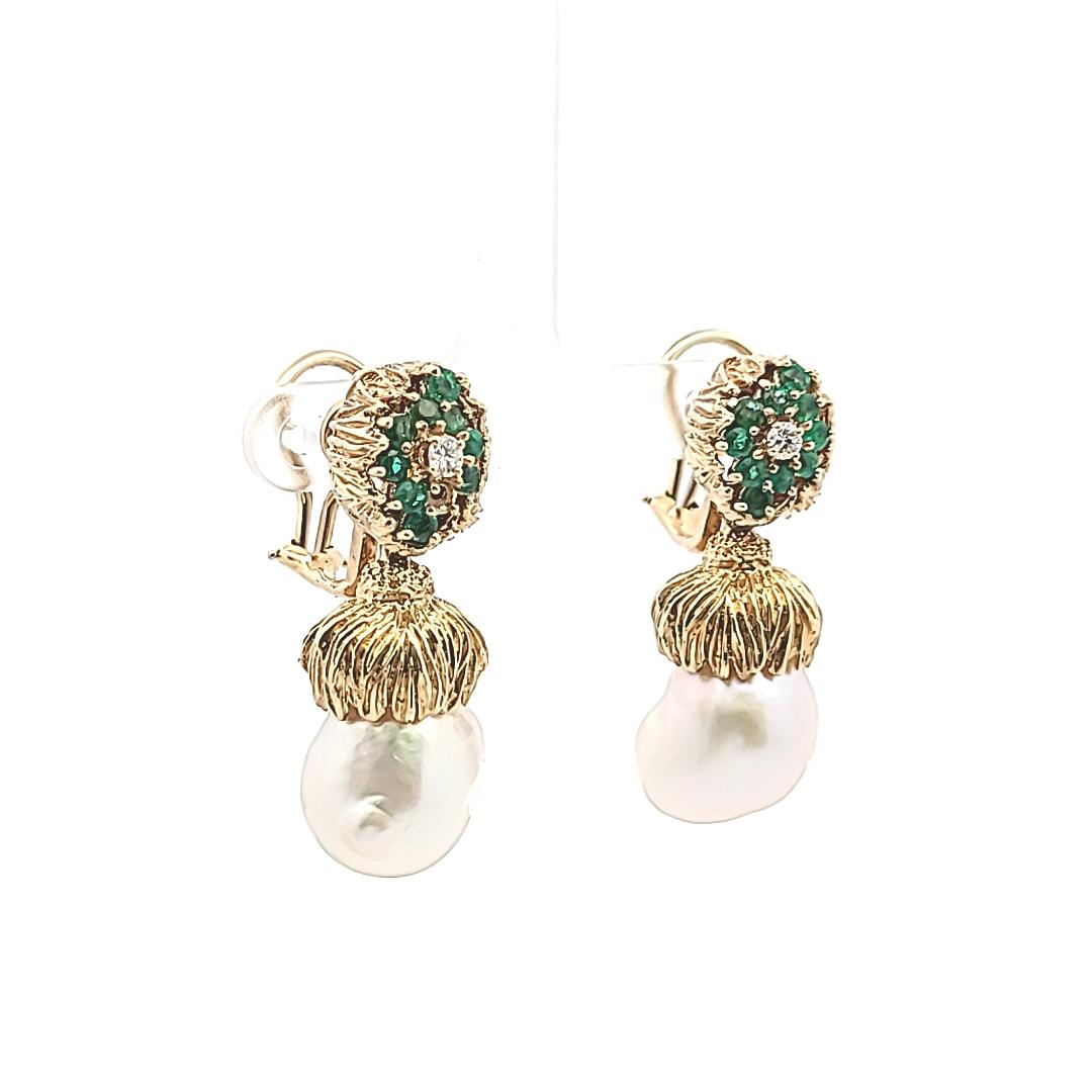 Pearl, Emerald & Diamond Drop Earrings in 18K Yellow Gold (Vintage Estate)